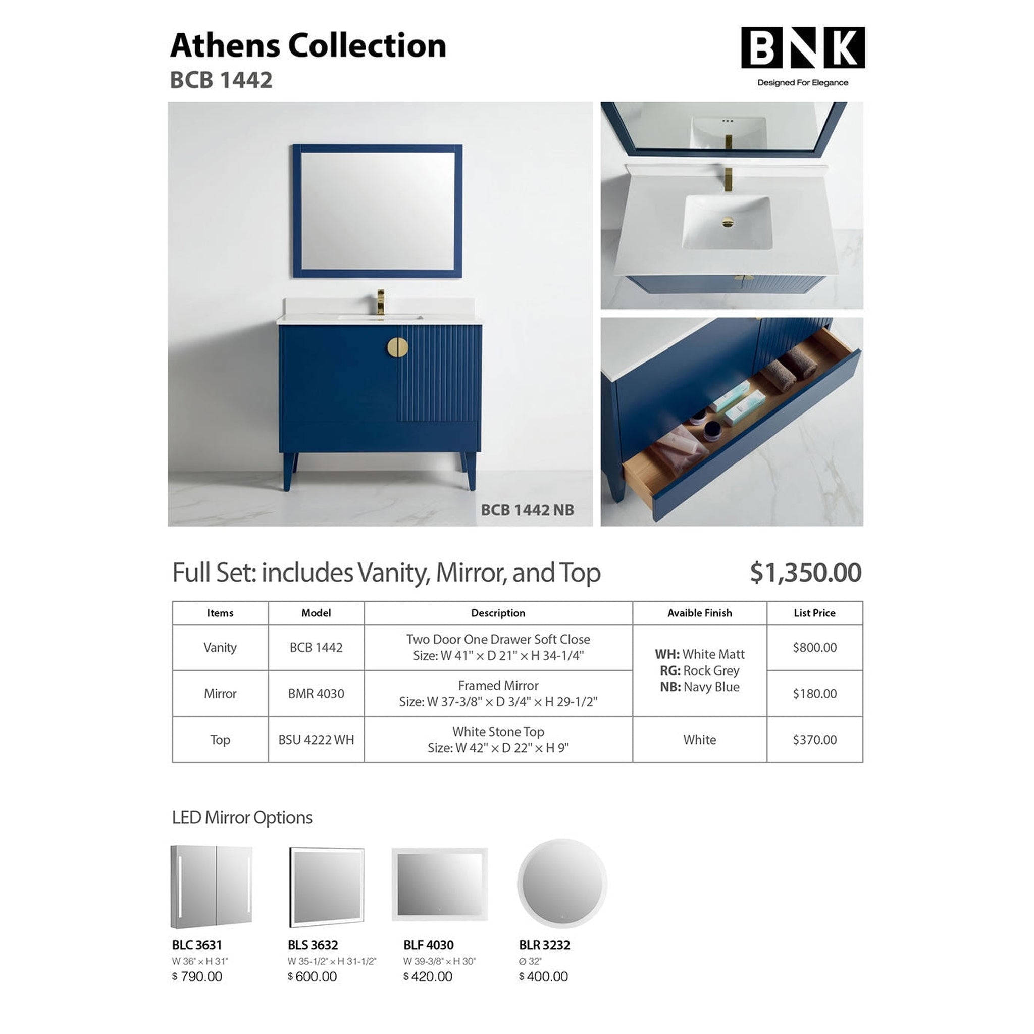 US Bath Store, BNK BCB1442NB Athens Navy Blue Vanity Only Two-Door One Left Drawer Soft Close