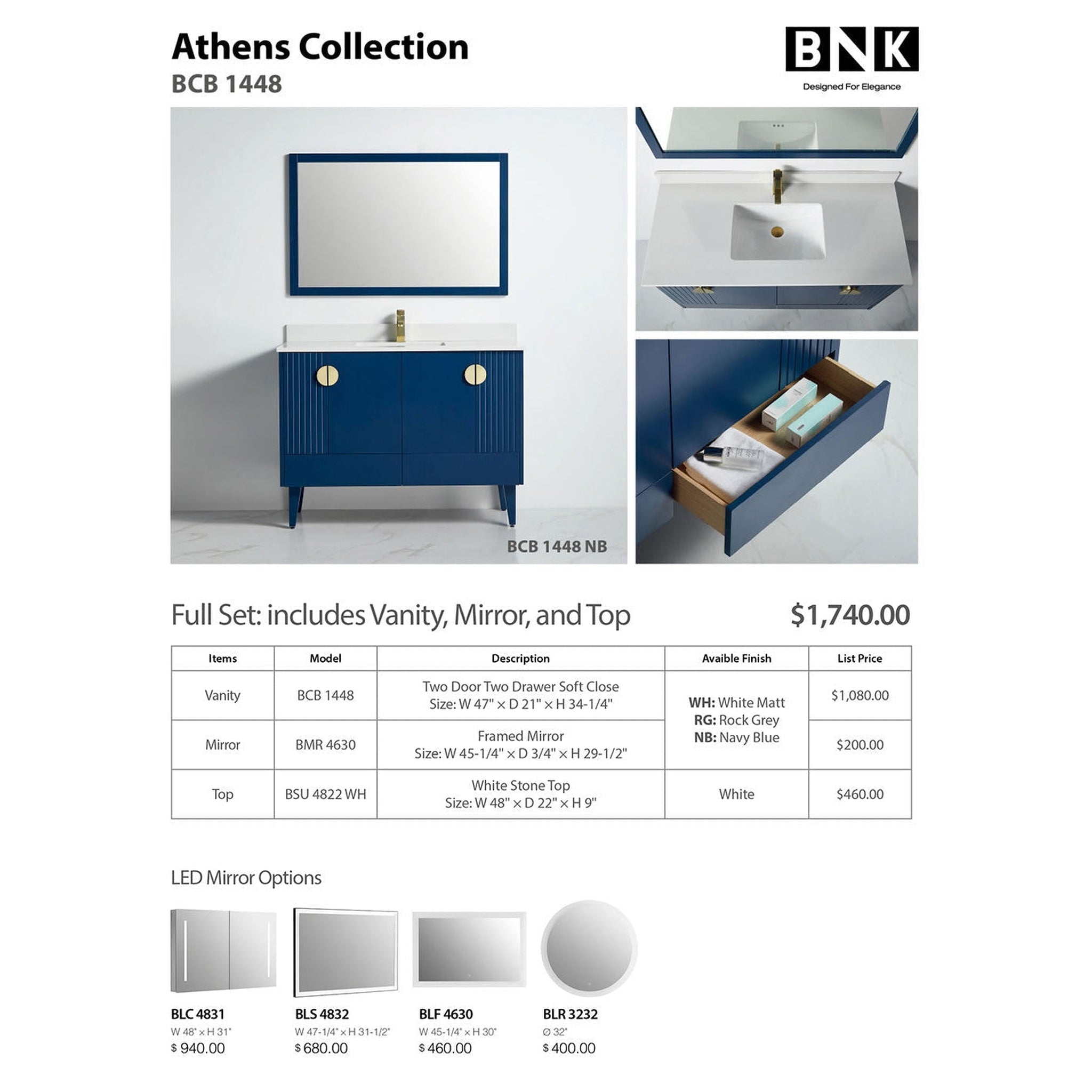 US Bath Store, BNK BCB1448NB Athens Navy Blue Vanity Only Four-Door One Left Drawer Soft Close