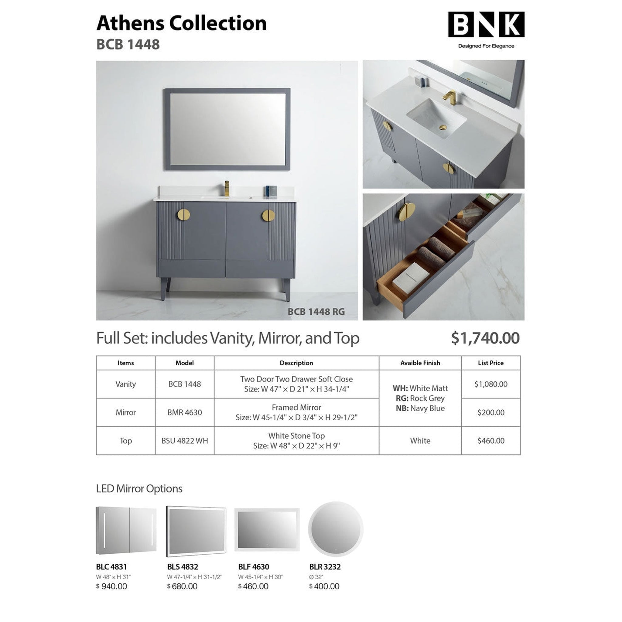 US Bath Store, BNK BCB1448RG Athens Rock Grey Vanity Only Four-Door One Left Drawer Soft Close