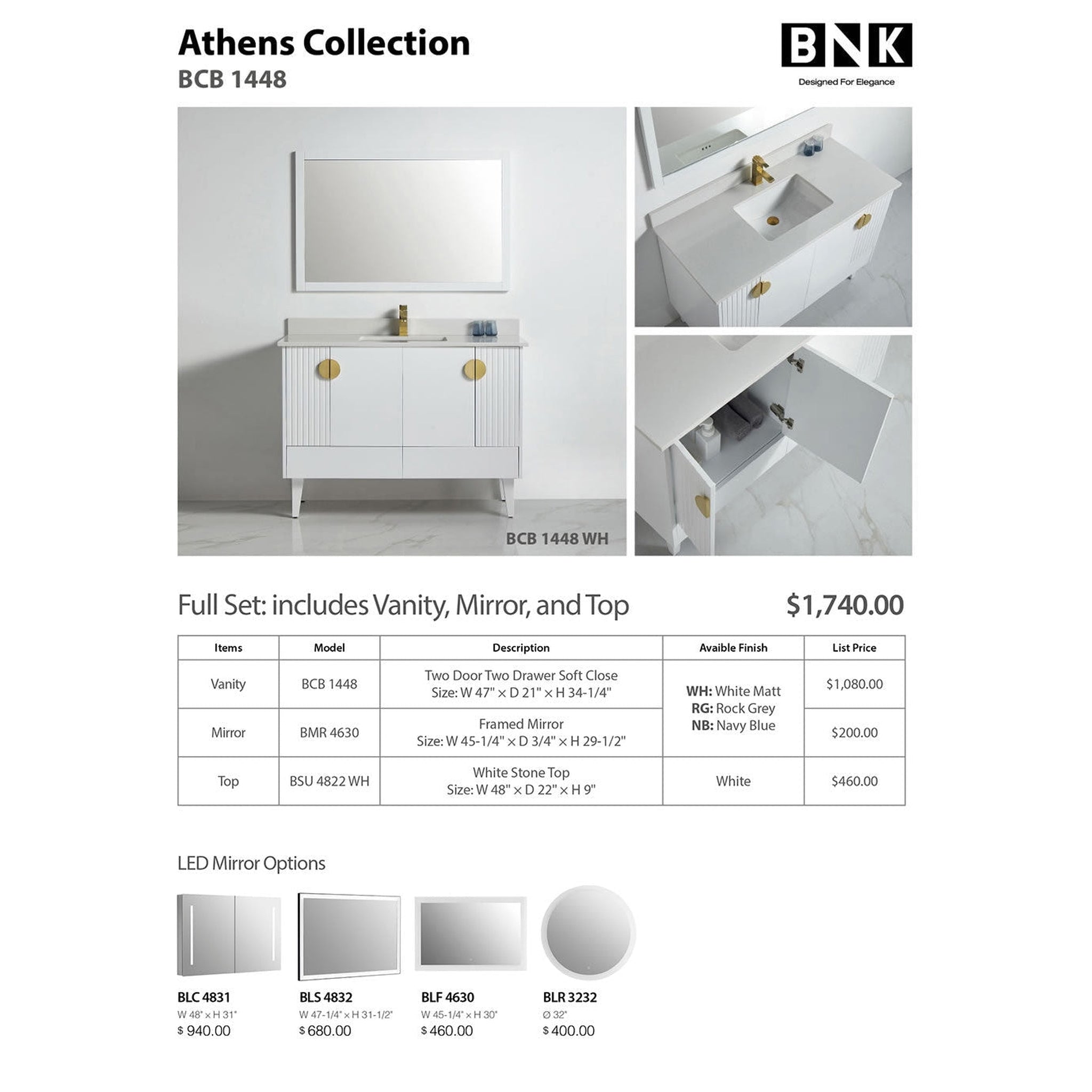 US Bath Store, BNK BCB1448WH Athens Matt White Vanity Only Four-Door One Left Drawer Soft Close