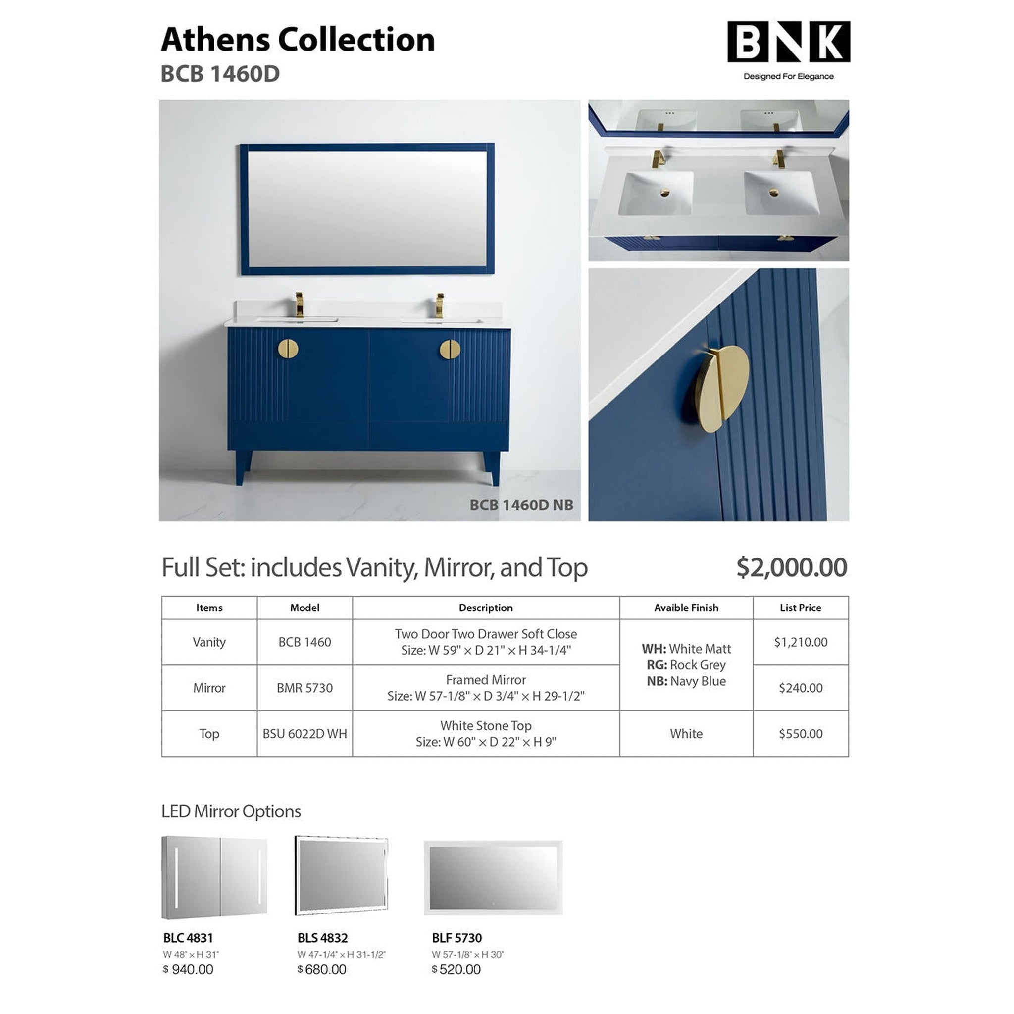 US Bath Store, BNK BCB1460DNB Athens Navy Blue Vanity Only Four-Door One Left Drawer Soft Close