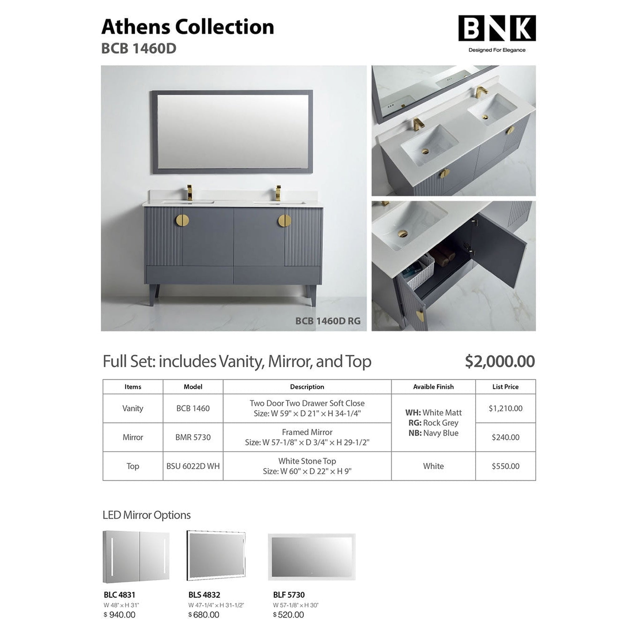 US Bath Store, BNK BCB1460DRG Athens Rock Grey Vanity Only Four-Door One Left Drawer Soft Close