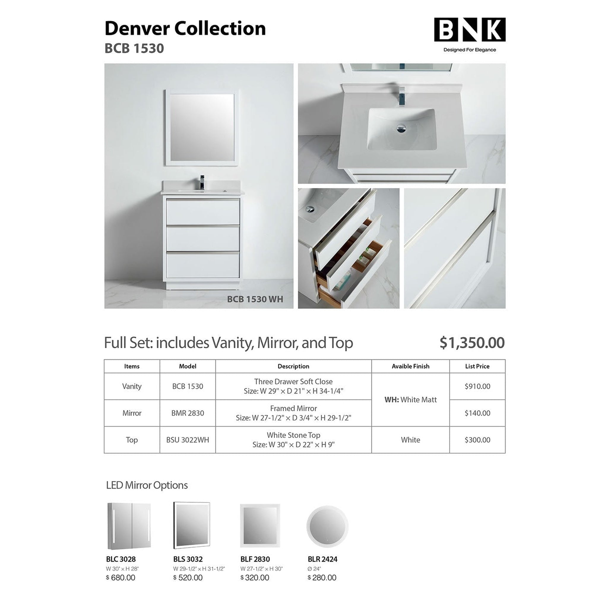 US Bath Store, BNK BCB1530WH Denver Matt White Vanity Only Three Drawer Soft Close