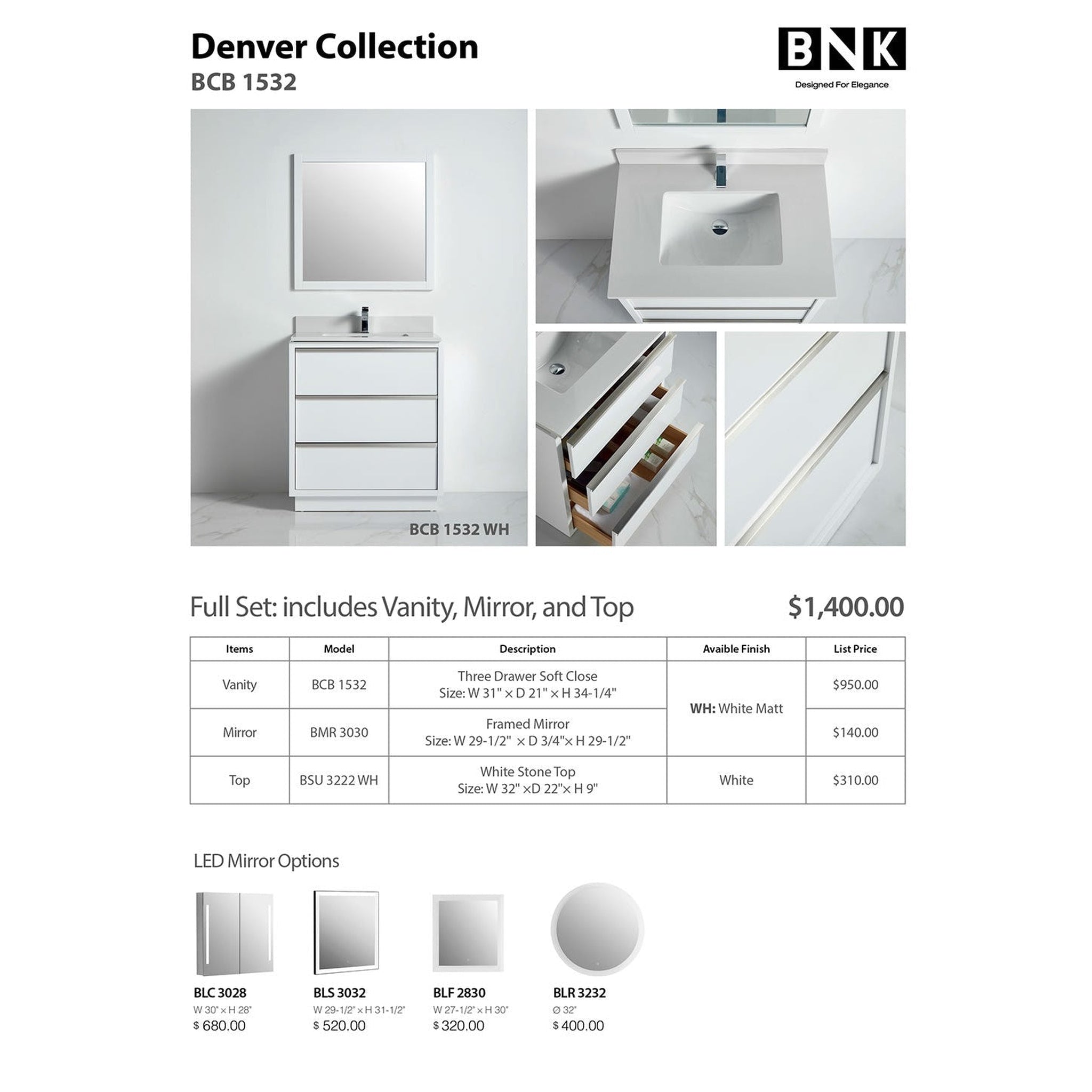 US Bath Store, BNK BCB1532WH Denver Matt White Vanity Only Three Drawer Soft Close