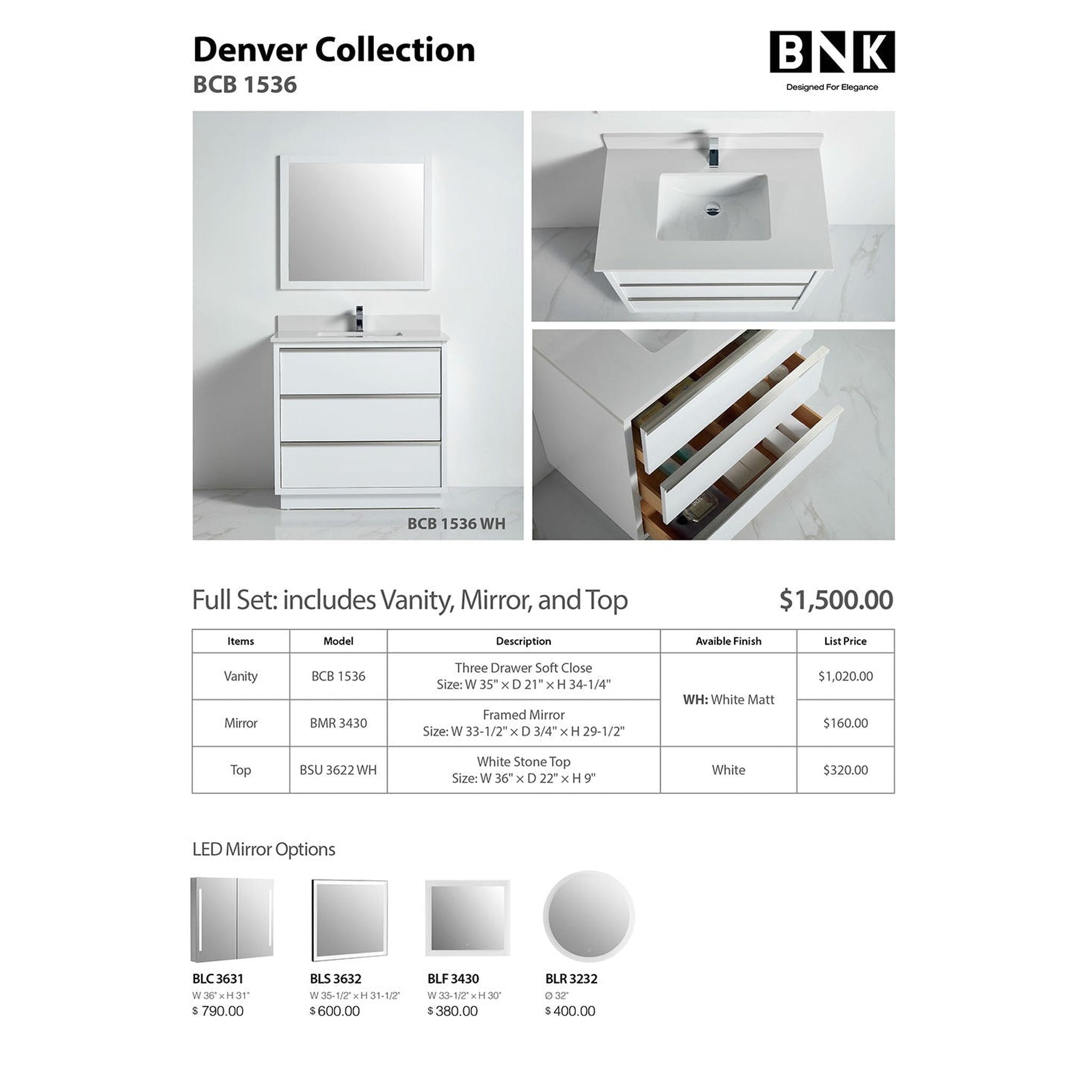 US Bath Store, BNK BCB1536WH Denver Matt White Vanity Only Three Drawer Soft Close