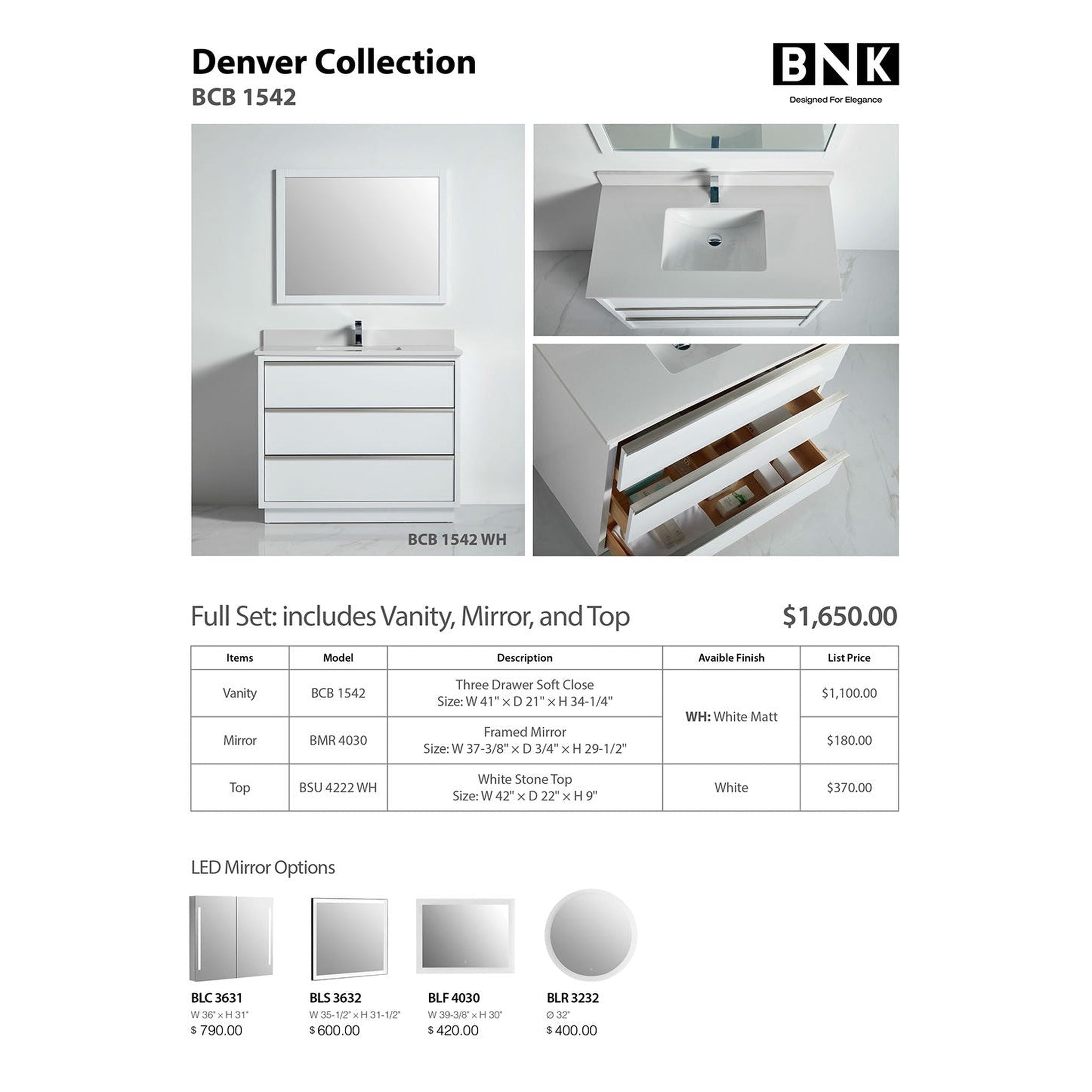 US Bath Store, BNK BCB1542WH Denver Matt White Vanity Only Three Drawer Soft Close