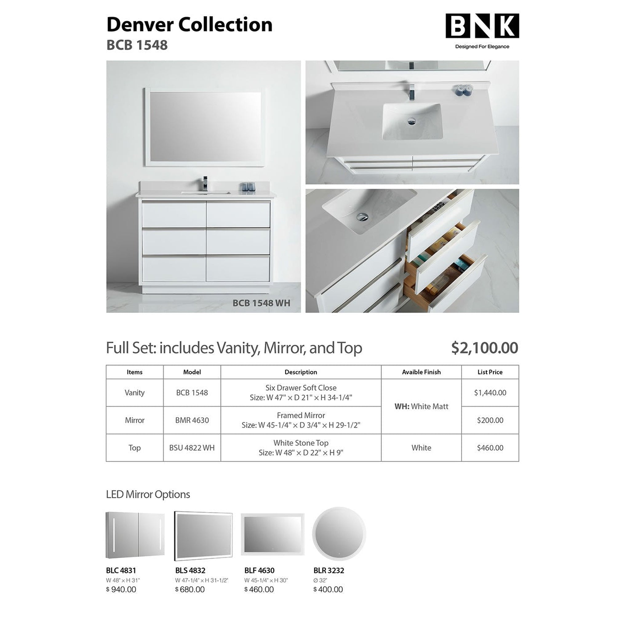 US Bath Store, BNK BCB1548WH Denver Matt White Vanity Only Six Drawer Soft Close