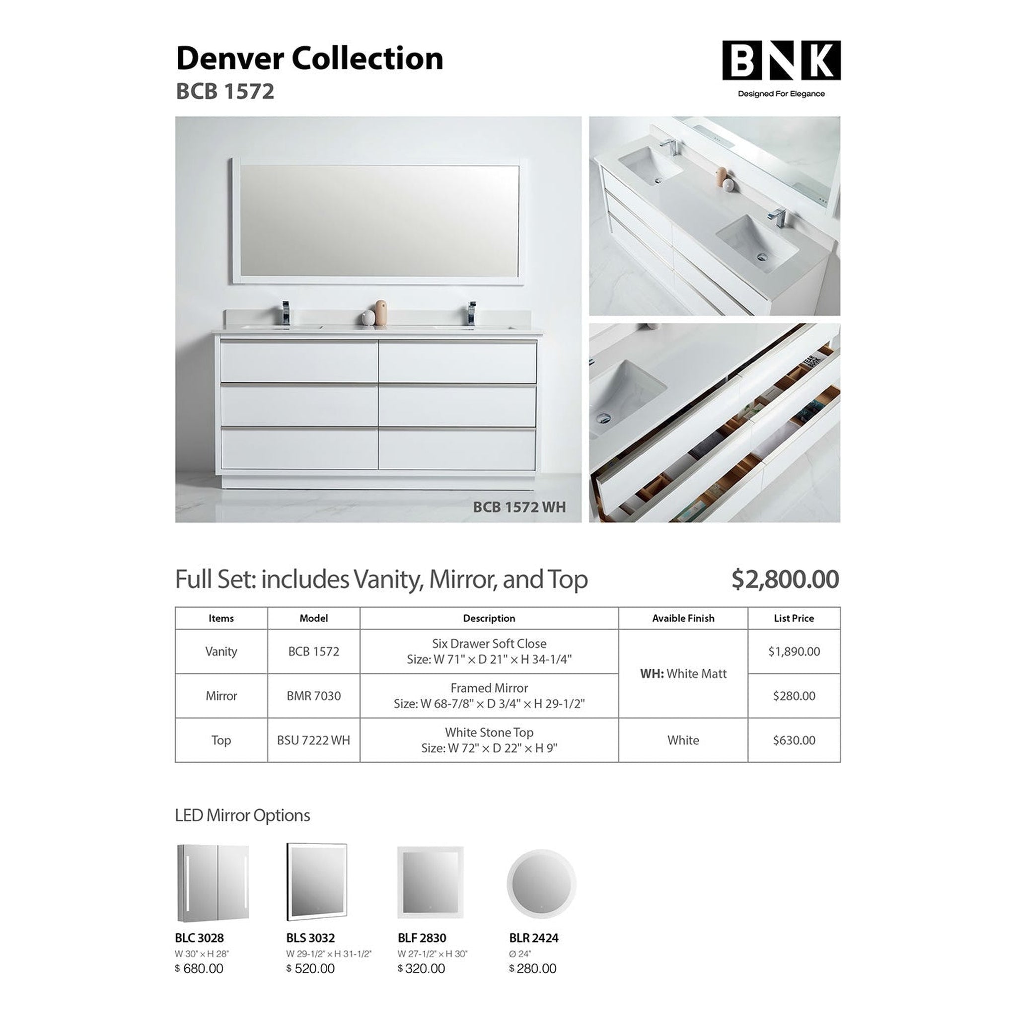 US Bath Store, BNK BCB1572WH Denver Matt White Vanity Only Six Drawer Soft Close