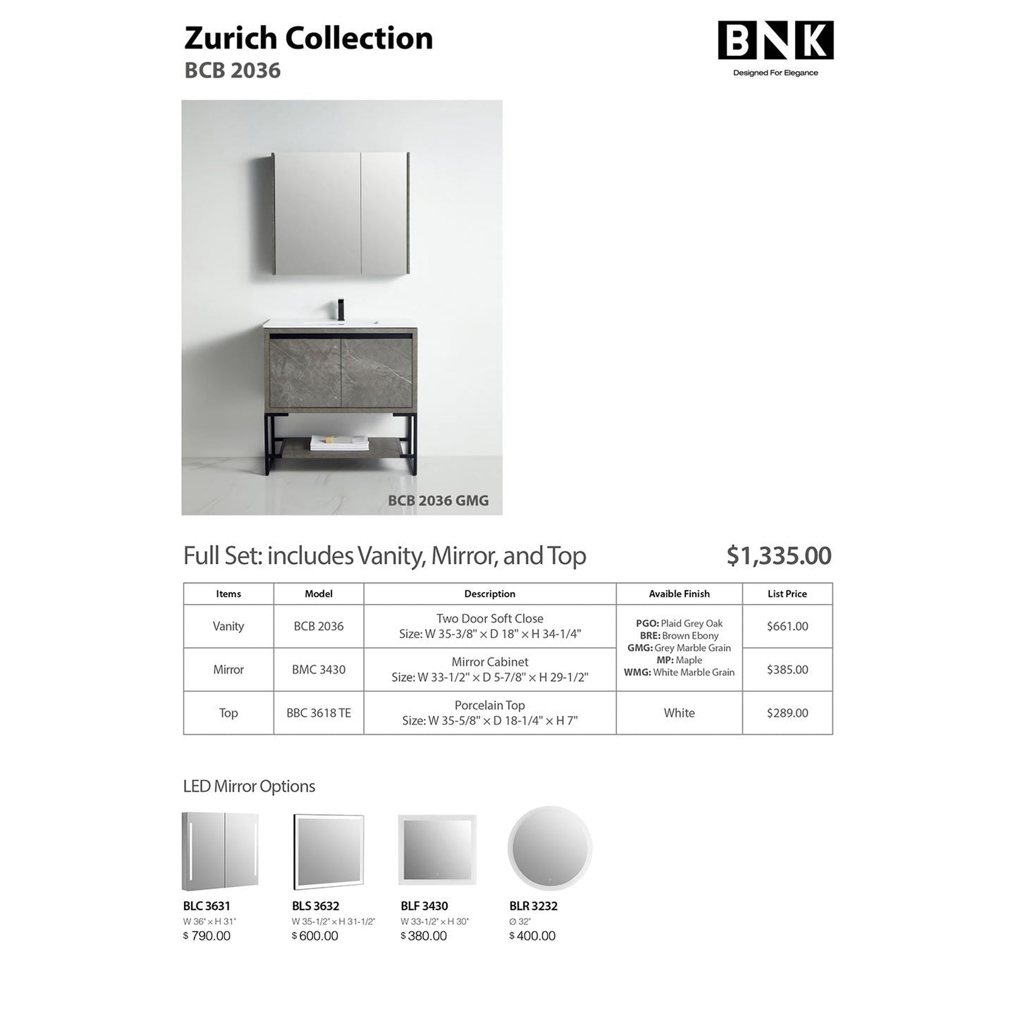 US Bath Store, BNK BCB2036GMG Zurich Grey Mable Grain Vanity Only Two-Door Soft Close