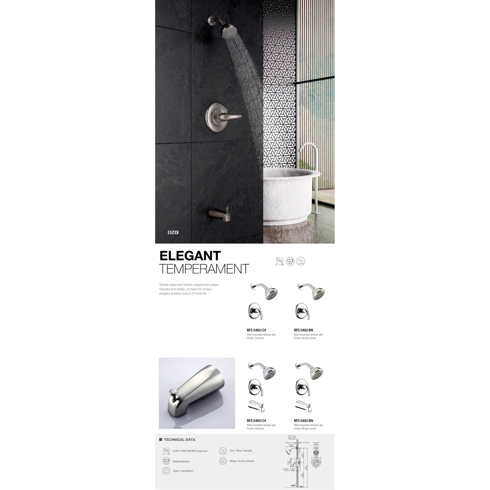 US Bath Store, BNK BFS5403CH Polished Chrome Shower And Tub Faucet