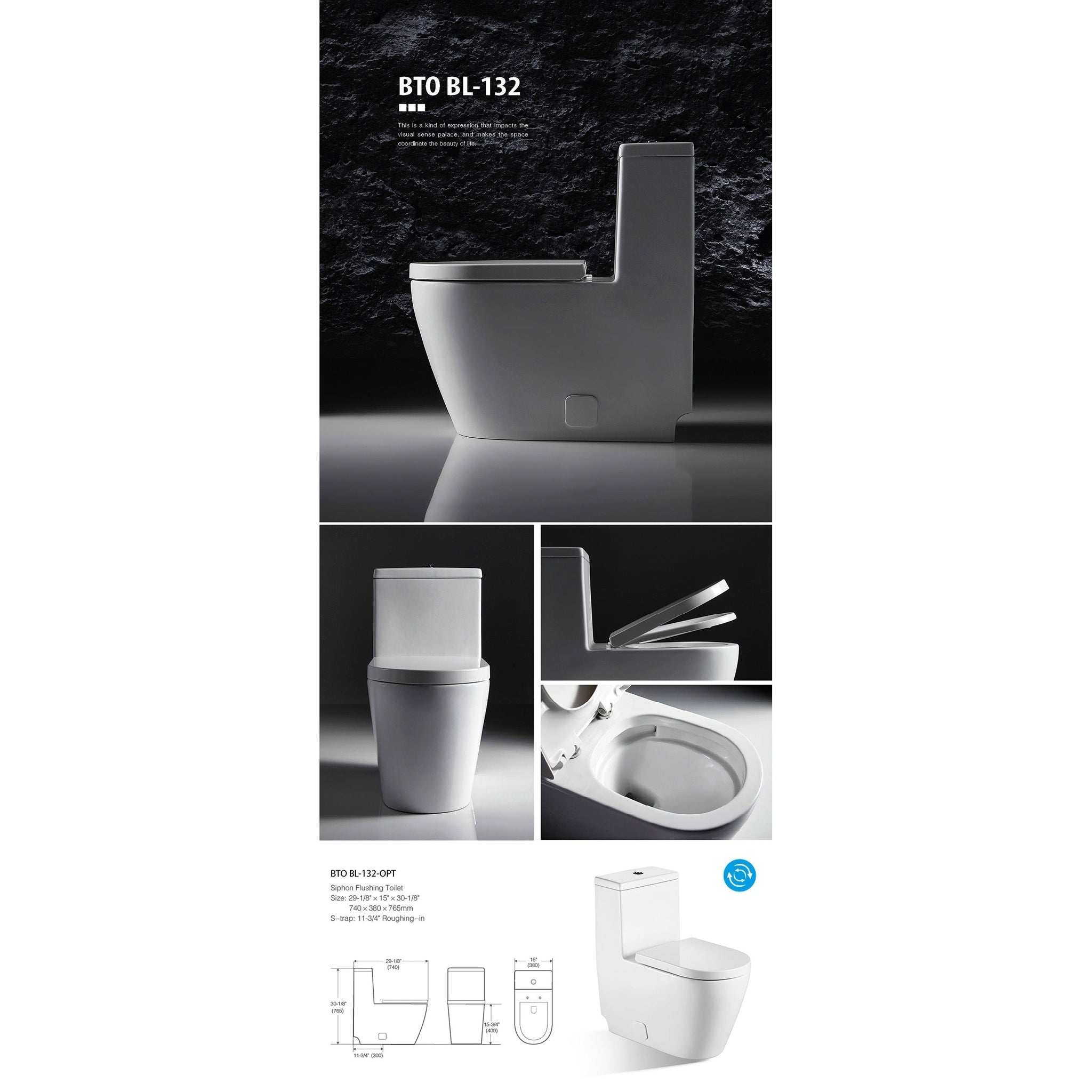 US Bath Store, BNK BTO BL-132 Siphon Flushing Toilet