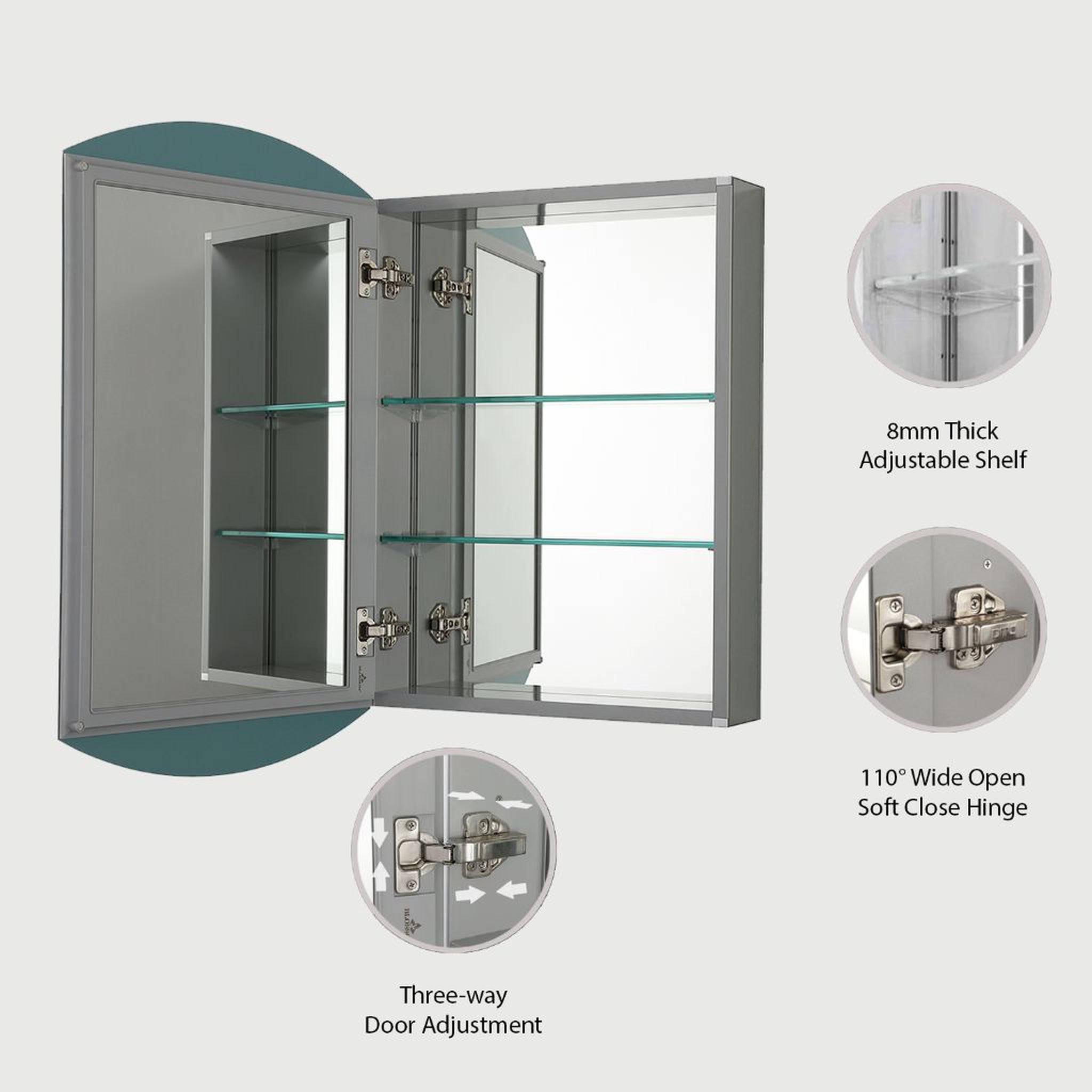 Blossom, Blossom MC8 20" x 31" Recessed or Surface Mount Left or Right-Hand Swing Door Aluminum Medicine Cabinet With Mirror, Adjustable Hinges and Adjustable Glass Shelves