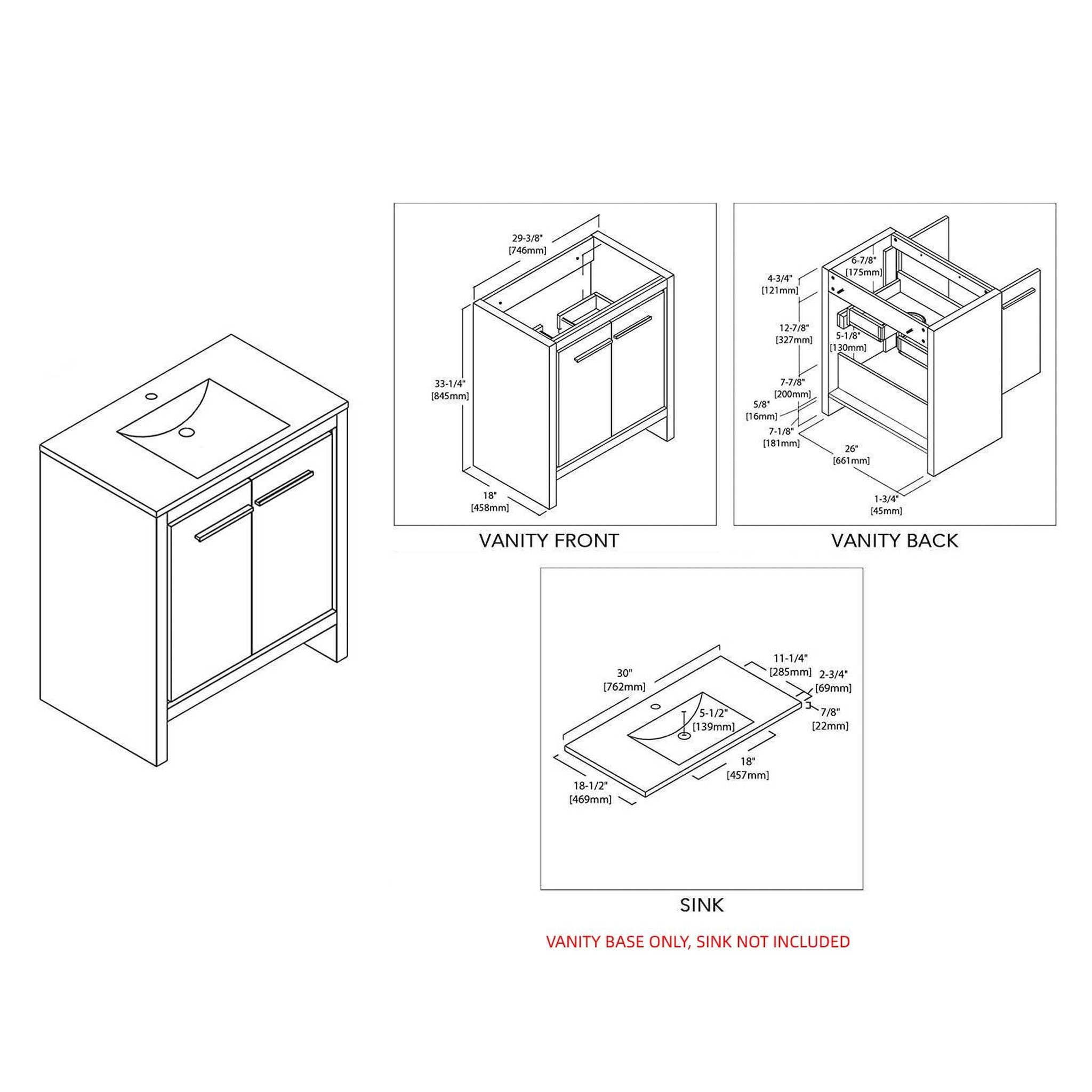 Blossom, Blossom Milan 30" 2-Door 1-Drawer White Freestanding Vanity Base