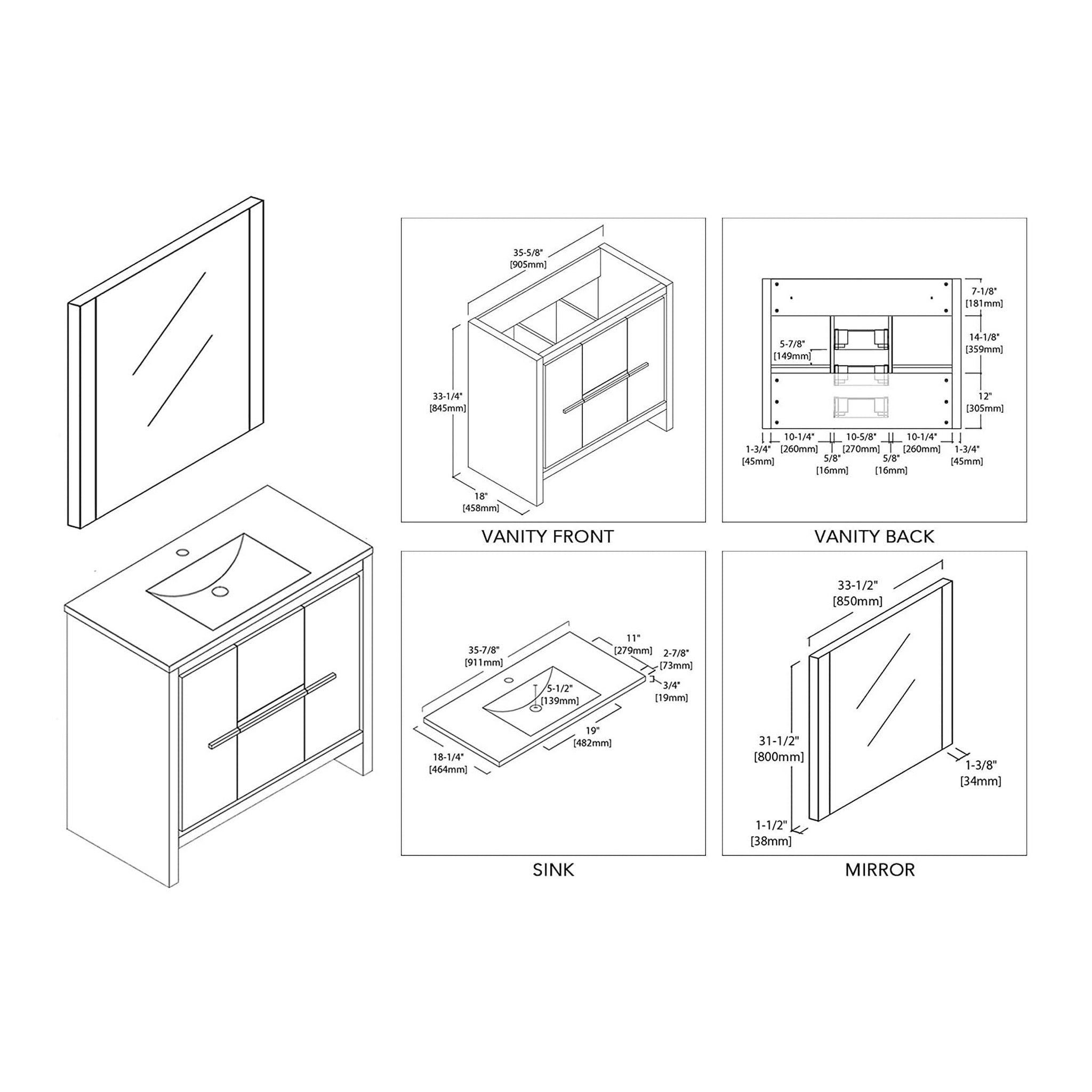 Blossom, Blossom Milan 36" 2-Door 2-Drawer Silver Gray Freestanding Vanity With Ceramic Drop-In Single Sink And Mirror