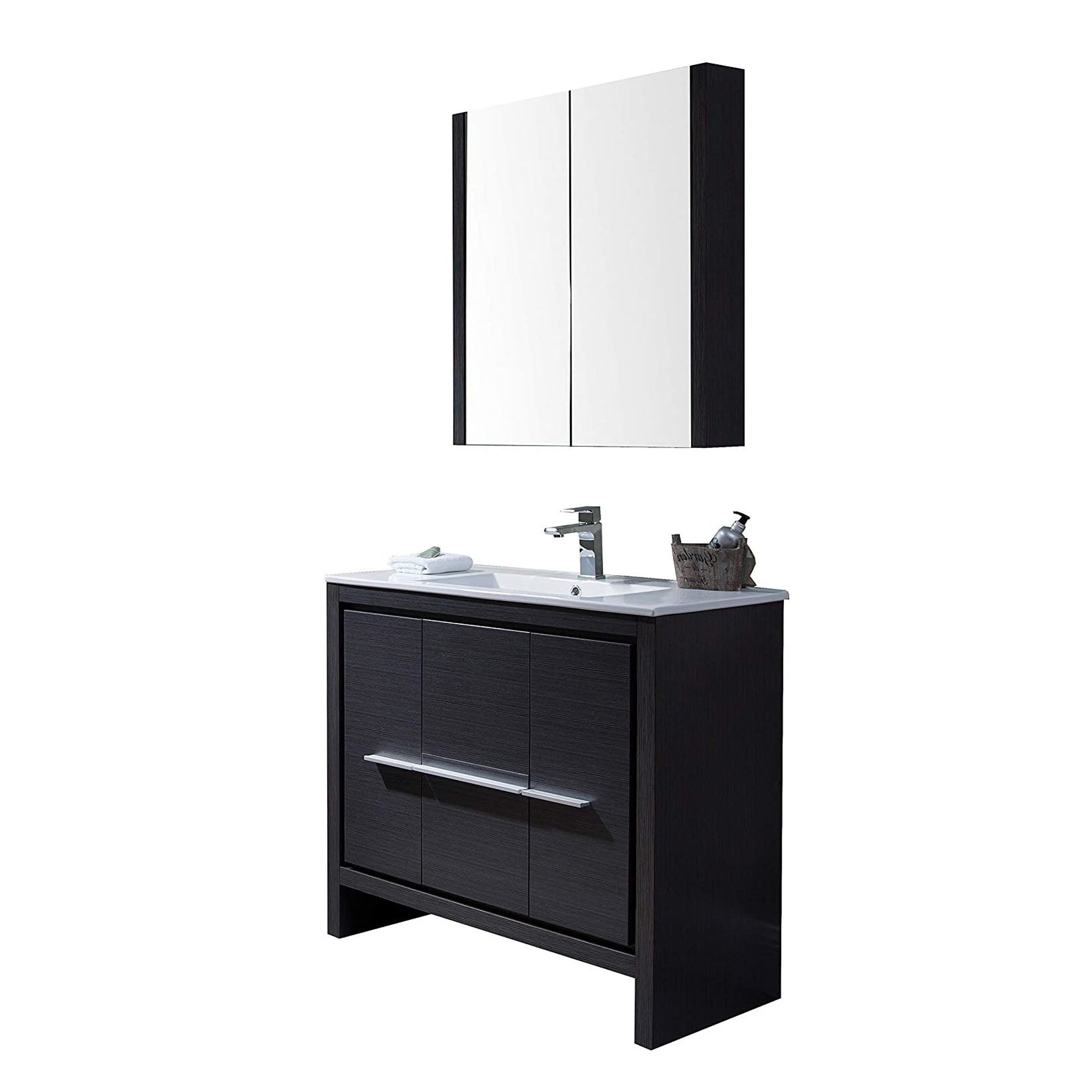 Blossom, Blossom Milan 36" 2-Door 2-Drawer Silver Gray Freestanding Vanity With Ceramic Drop-In Single Sink And Mirrored Medicine Cabinet