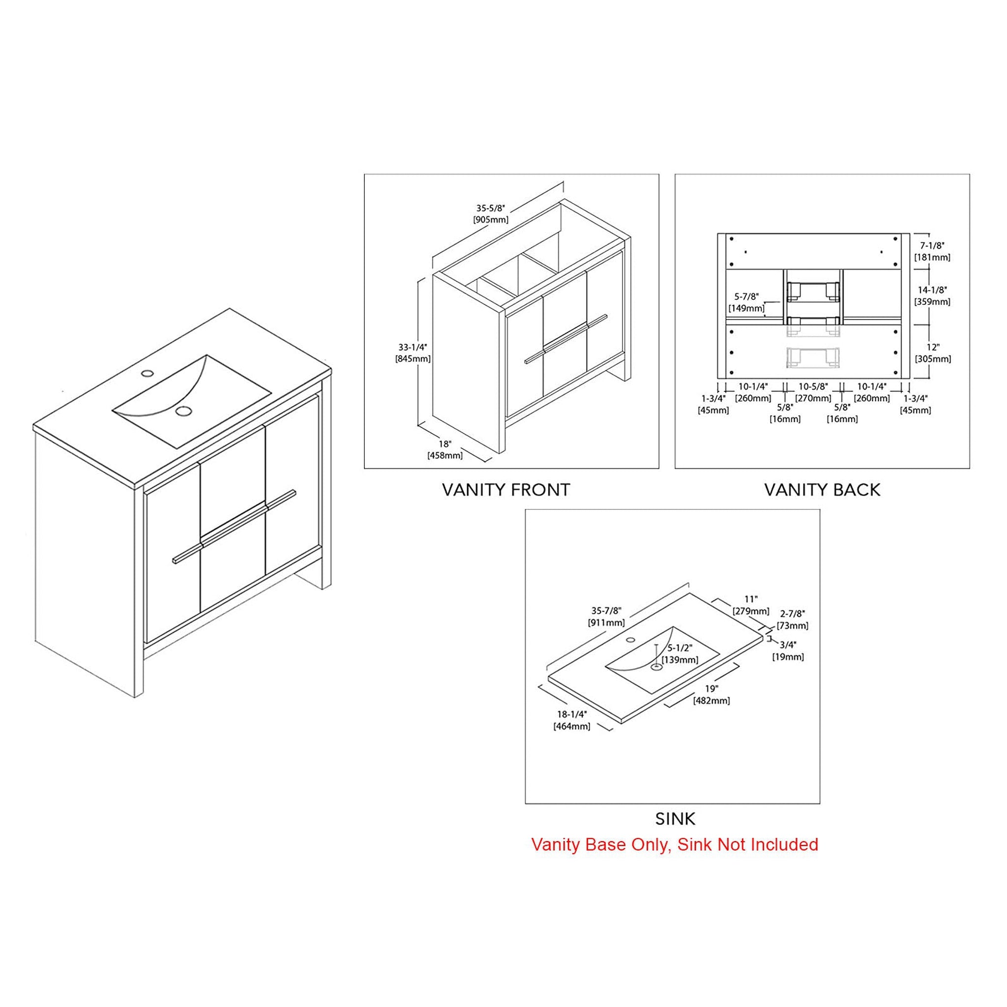 Blossom, Blossom Milan 36" 2-Door 2-Drawer White Freestanding Vanity Base