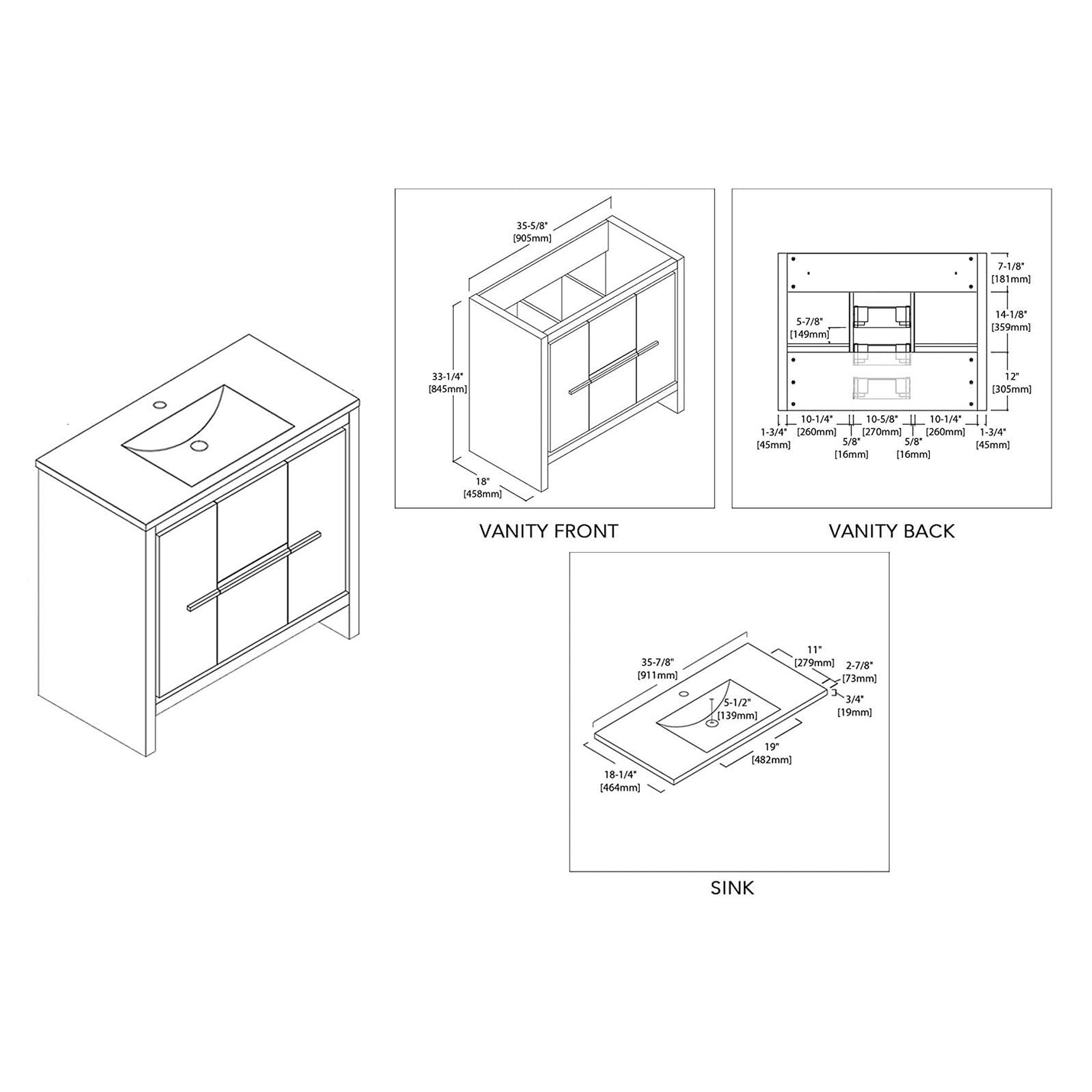 Blossom, Blossom Milan 36" 2-Door 2-Drawer White Freestanding Vanity With Ceramic Drop-In Single Sink