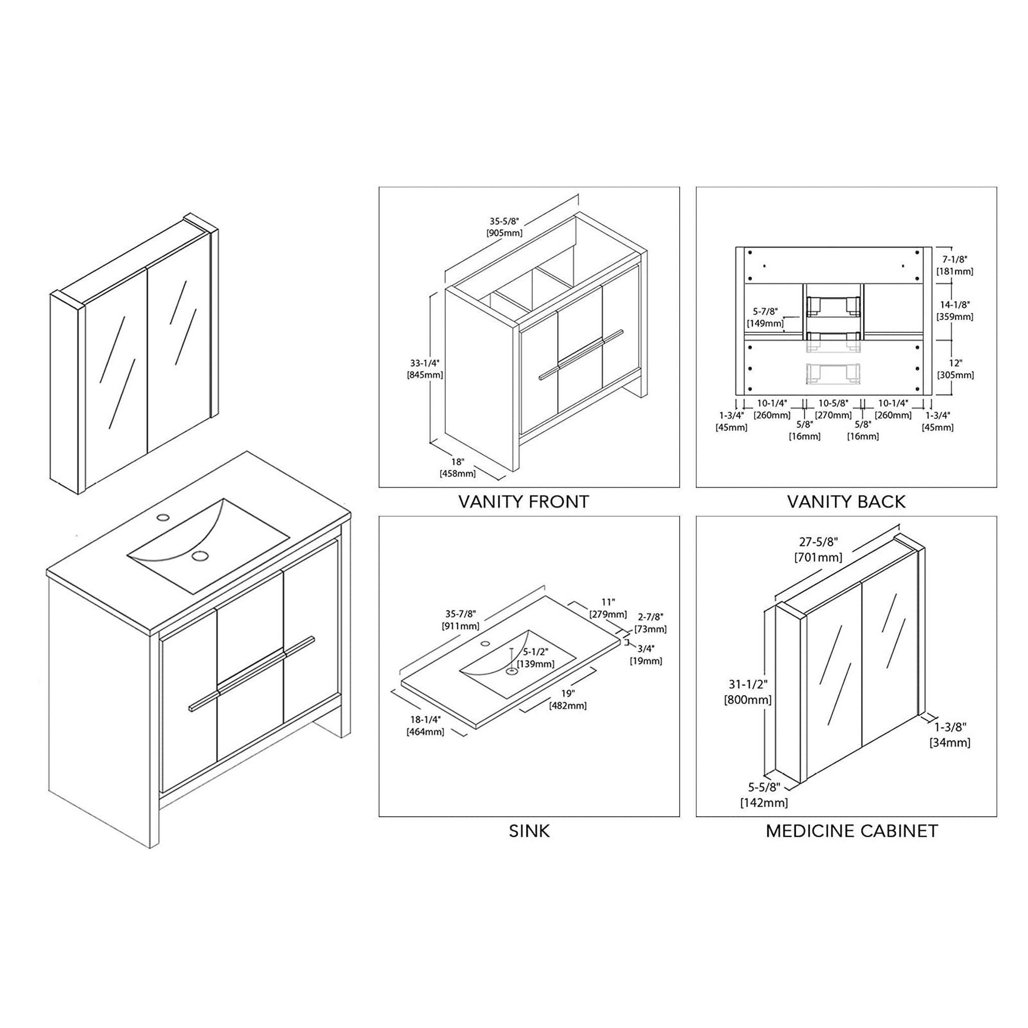 Blossom, Blossom Milan 36" 2-Door 2-Drawer White Freestanding Vanity With Ceramic Drop-In Single Sink And Mirrored Medicine Cabinet