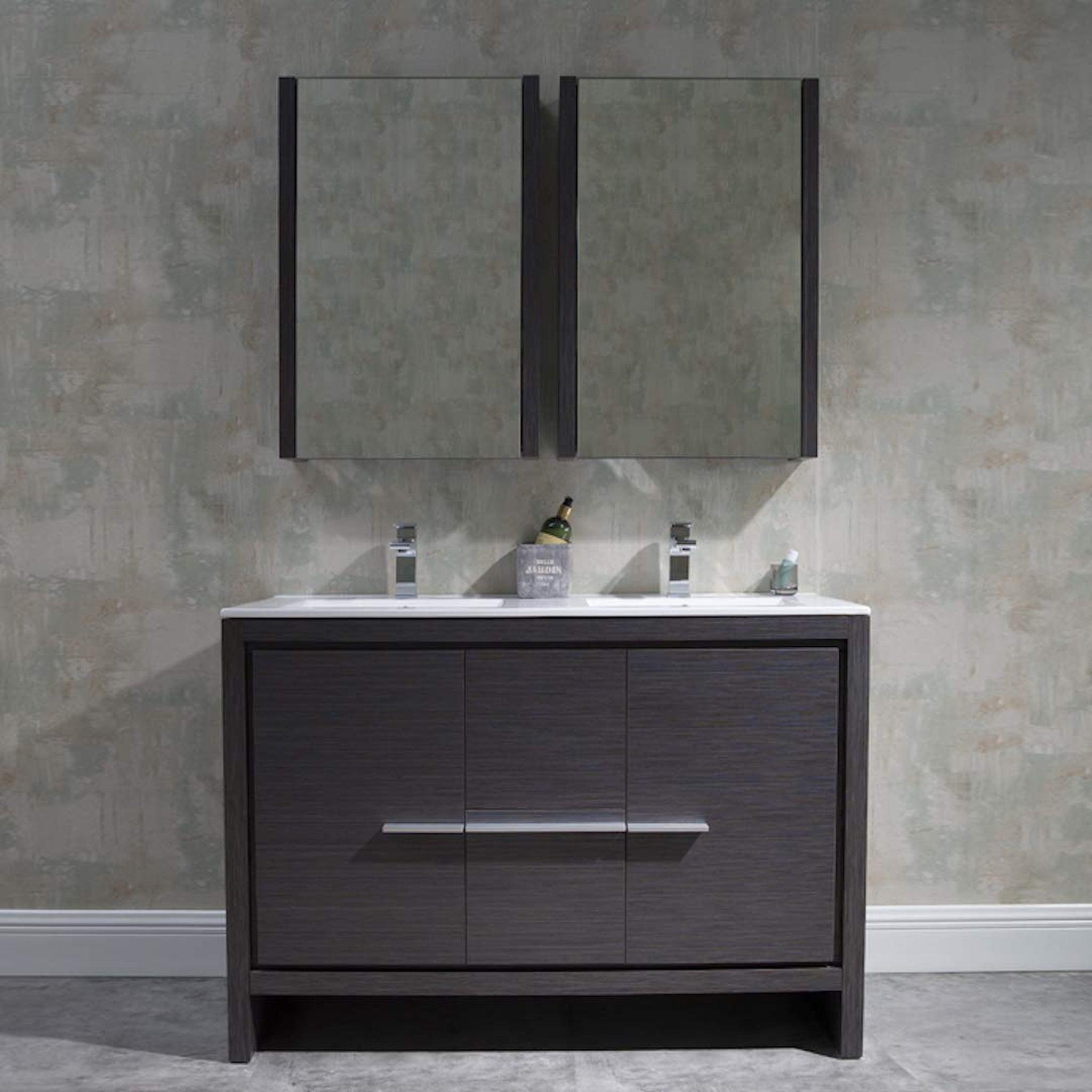 Blossom, Blossom Milan 48" 2-Door 2-Drawer Silver Gray Freestanding Vanity With Ceramic Drop-In Double Sinks And Mirrored Medicine Cabinet