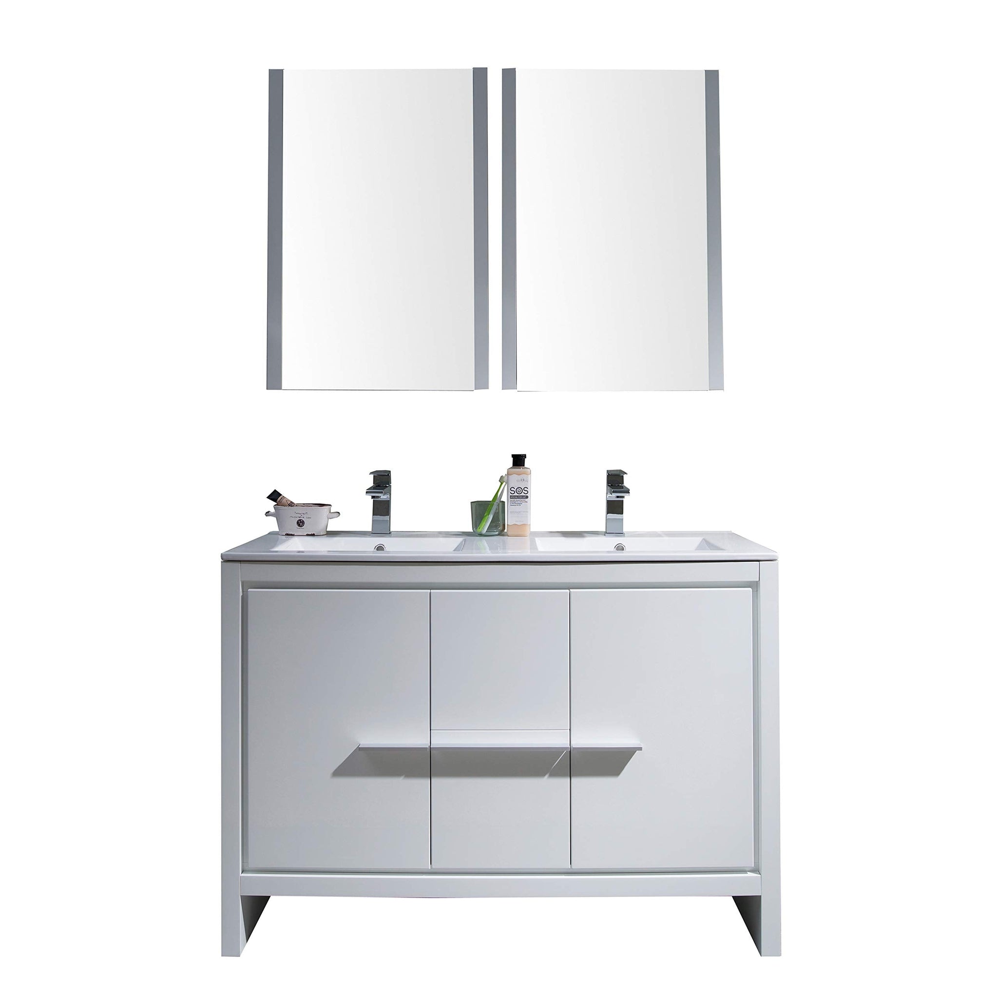 Blossom, Blossom Milan 48" 2-Door 2-Drawer White Freestanding Vanity With Ceramic Drop-In Double Sinks And Mirrored Medicine Cabinet