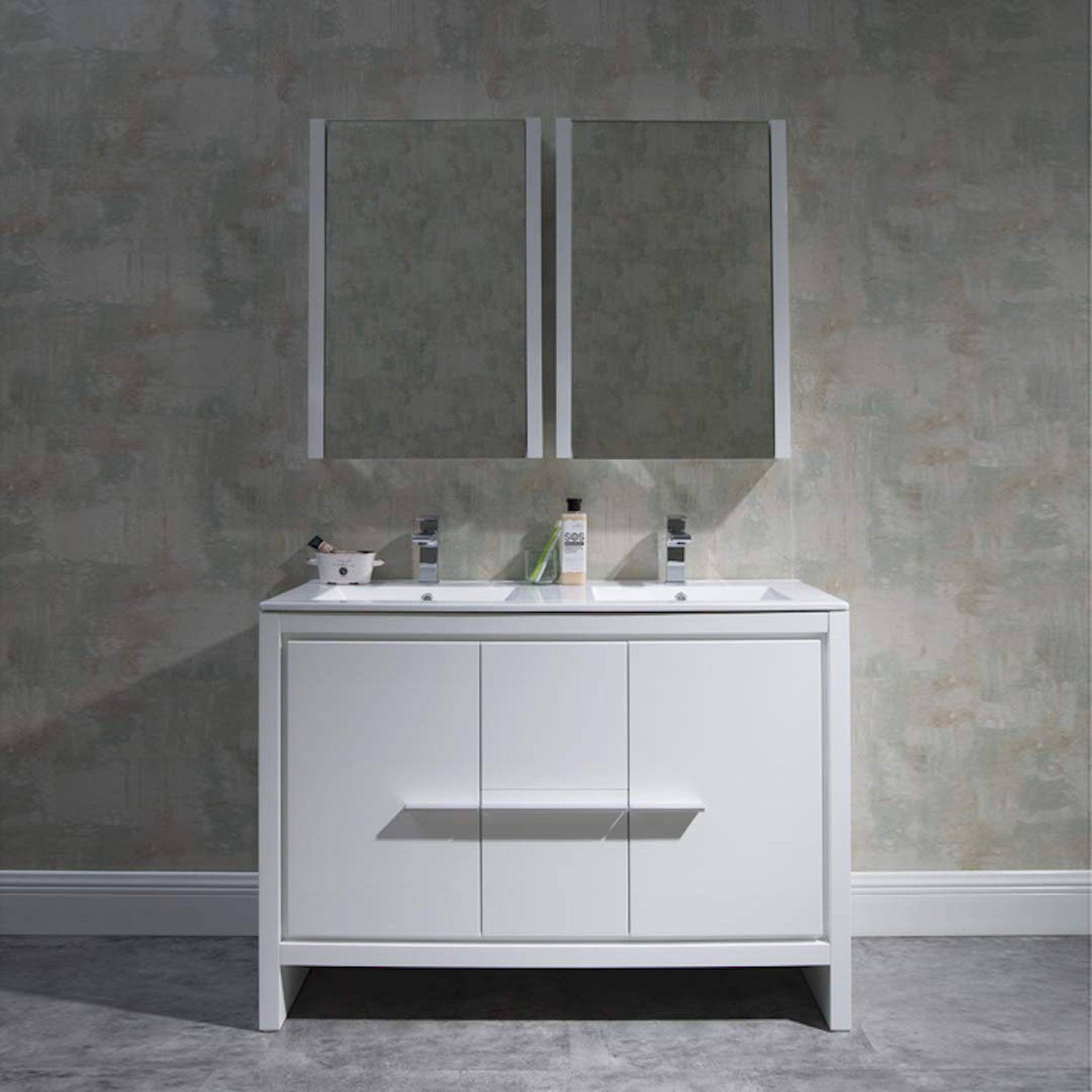 Blossom, Blossom Milan 48" 2-Door 2-Drawer White Freestanding Vanity With Ceramic Drop-In Double Sinks And Mirrored Medicine Cabinet