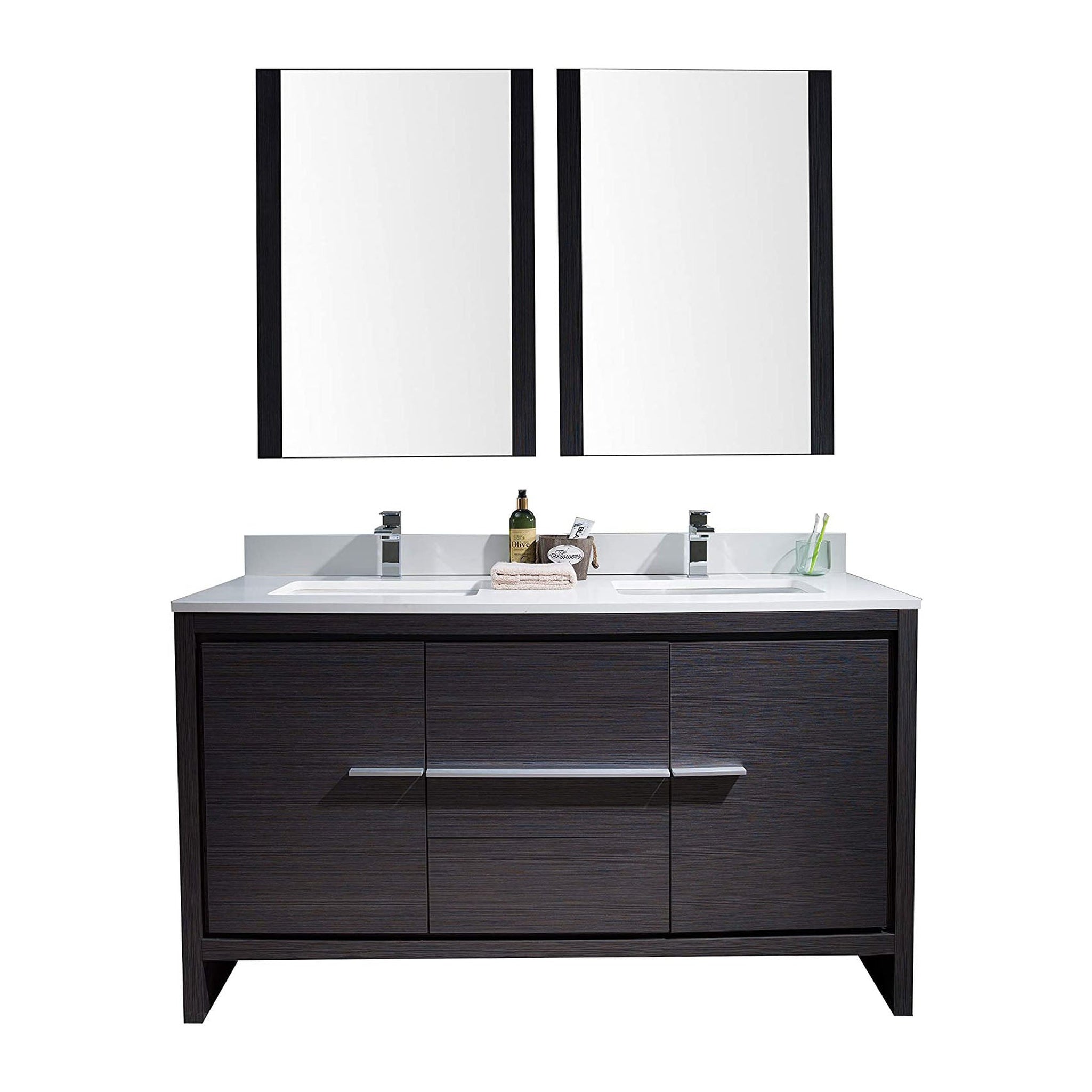 Blossom, Blossom Milan 60" 2-Door 3-Drawer Silver Gray Freestanding Vanity With Ceramic Drop-In Single Sink And Mirror