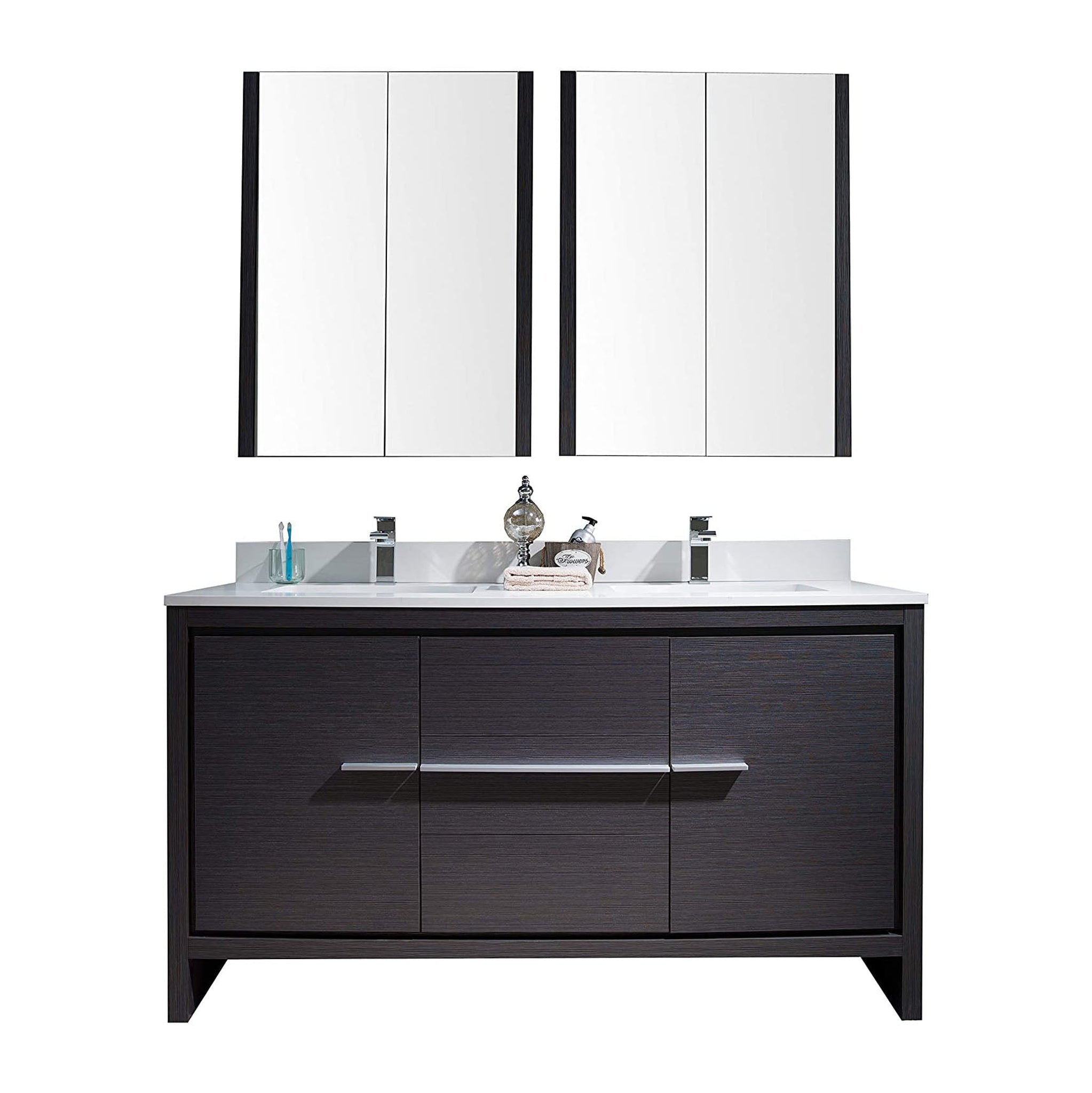 Blossom, Blossom Milan 60" 2-Door 3-Drawer Silver Gray Freestanding Vanity With Ceramic Drop-In Single Sink And Mirrored Medicine Cabinet