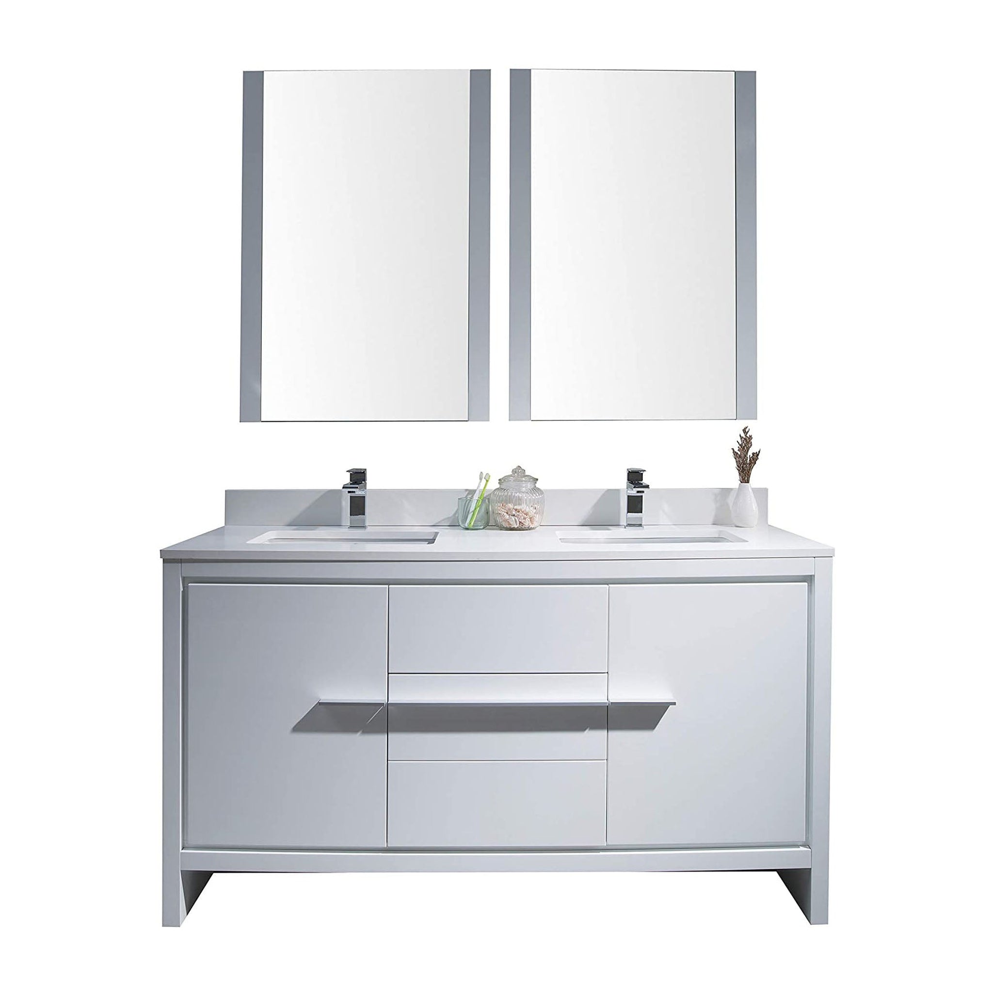 Blossom, Blossom Milan 60" 2-Door 3-Drawer White Freestanding Vanity With Ceramic Drop-In Single Sink And Mirror