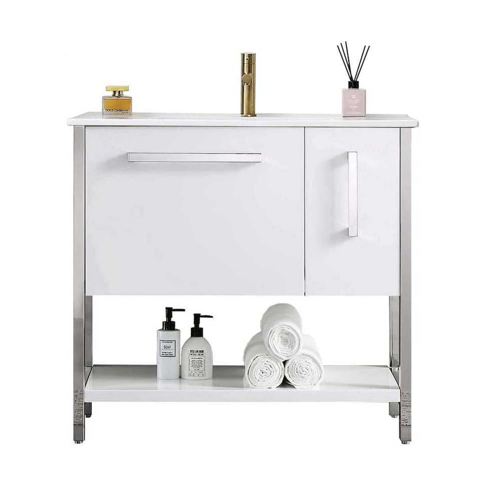 Blossom, Blossom Riga 36" 2-Drawer Glossy White Freestanding Vanity Base With An Open Shelf