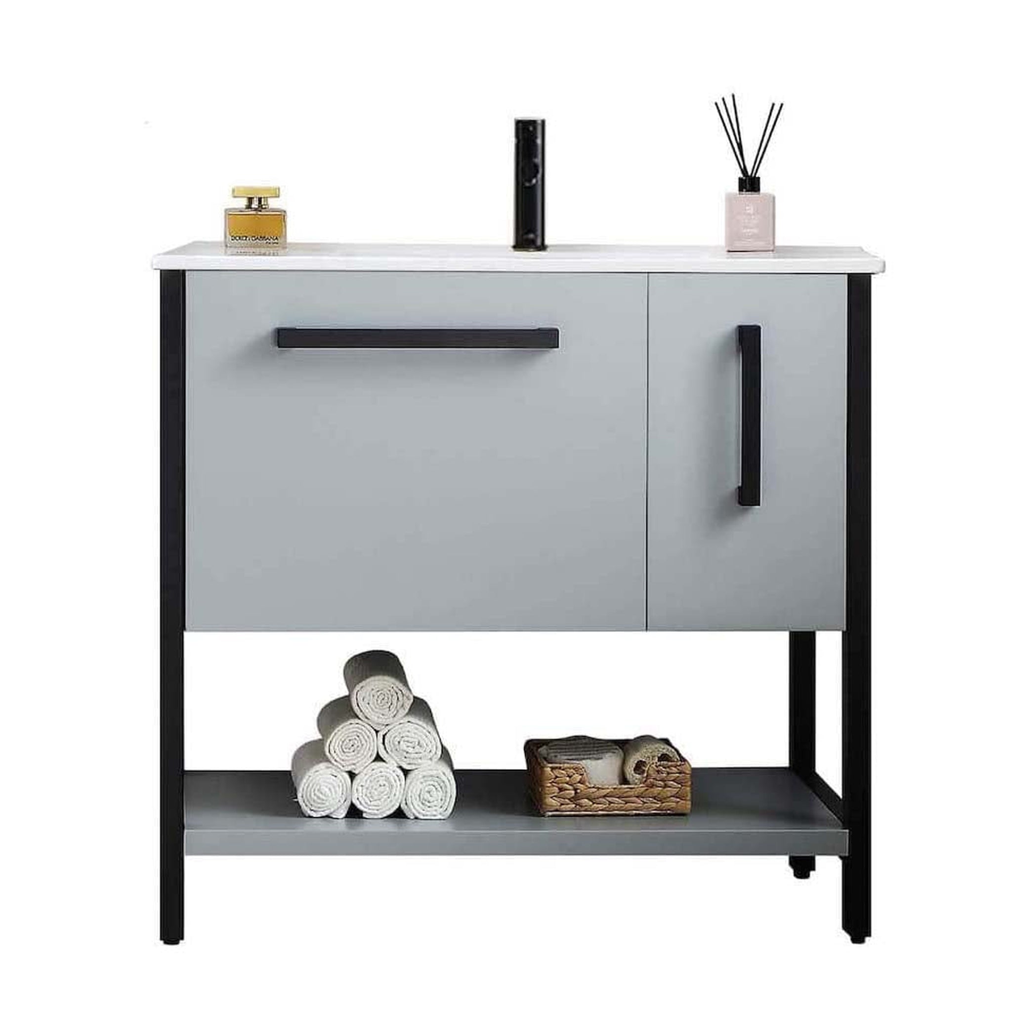 Blossom, Blossom Riga 36" 2-Drawer Metal Gray Freestanding Vanity Base With An Open Shelf