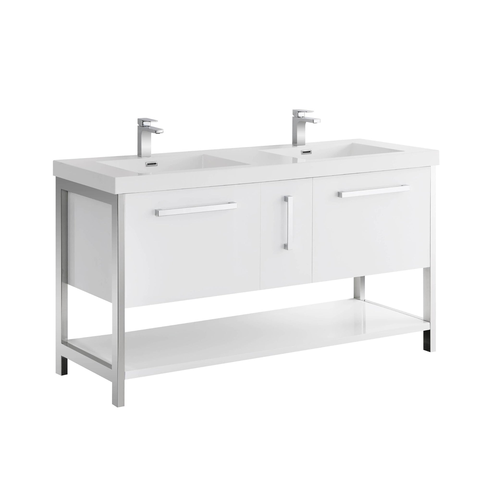 Blossom, Blossom Riga 60" 3-Drawer Glossy White Freestanding Vanity Base With An Open Shelf