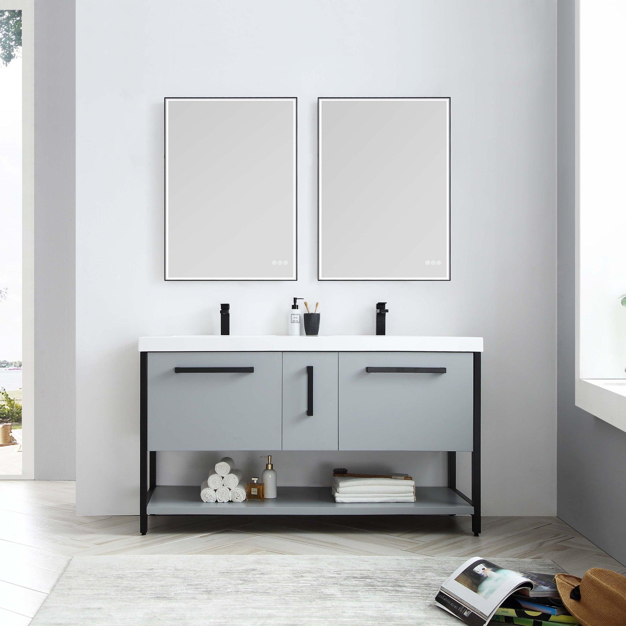 Blossom, Blossom Riga 60" 3-Drawer Metal Gray Freestanding Vanity Base With An Open Shelf