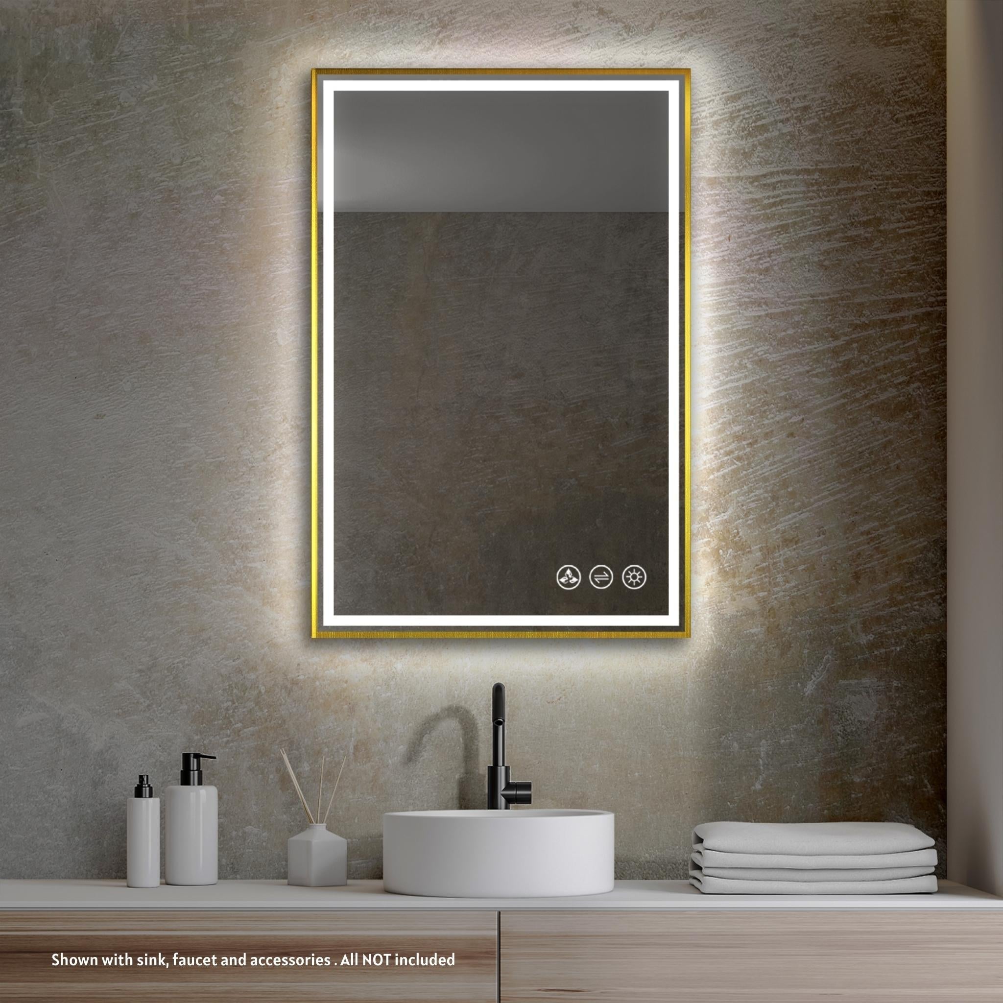 Blossom, Blossom Stellar 24" x 36" Brushed Gold Hardwired Wall-Mounted Rectangle LED Mirror