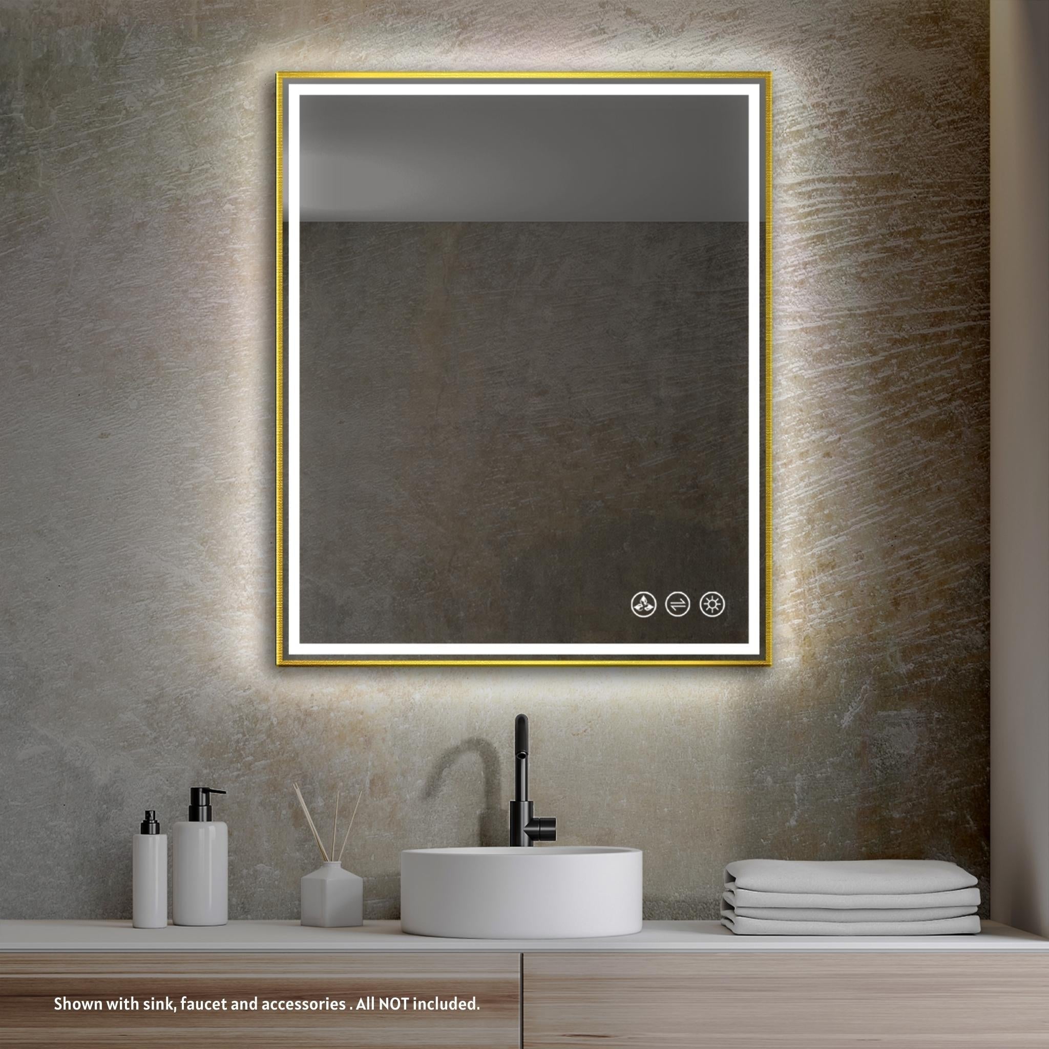 Blossom, Blossom Stellar 30" x 36" Brushed Gold Wall-Mounted Rectangle LED Mirror