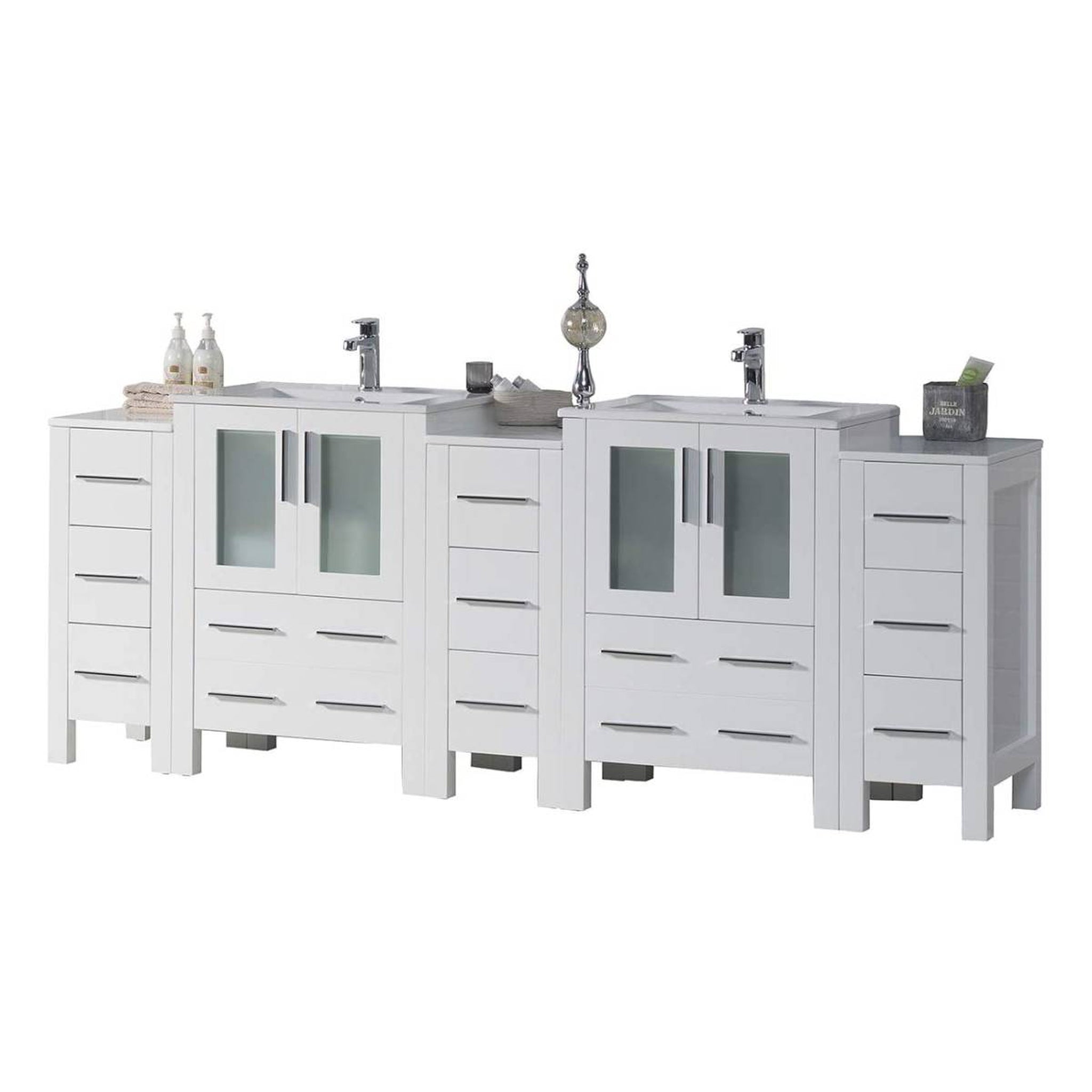 Blossom, Blossom Sydney 84" White Freestanding Vanity With Integrated Double Sinks Ceramic Top and Three Side Cabinet