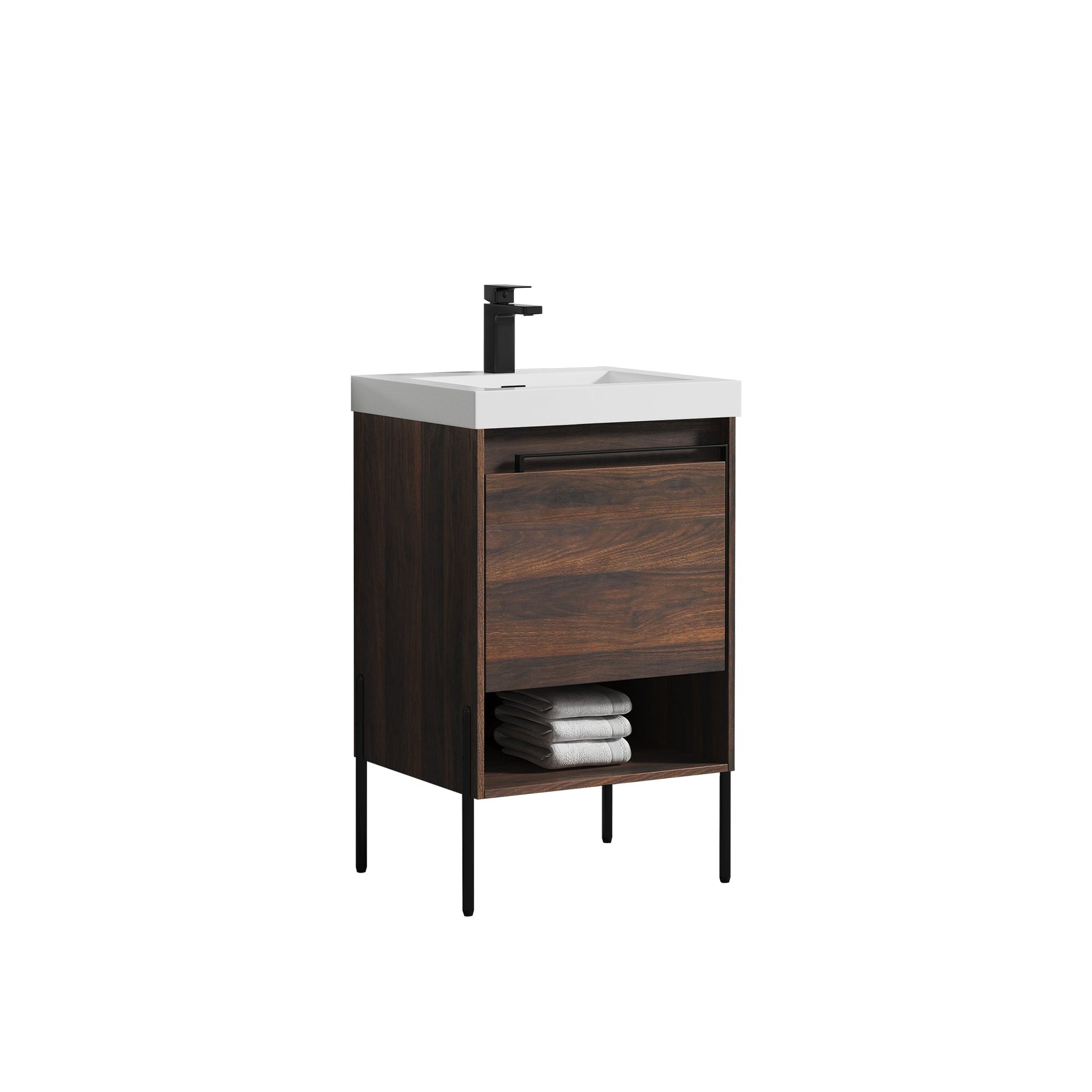 Blossom, Blossom Turin 20" 1-Drawer Cali Walnut Freestanding Single Vanity Base With Open Shelf, Handle and Legs