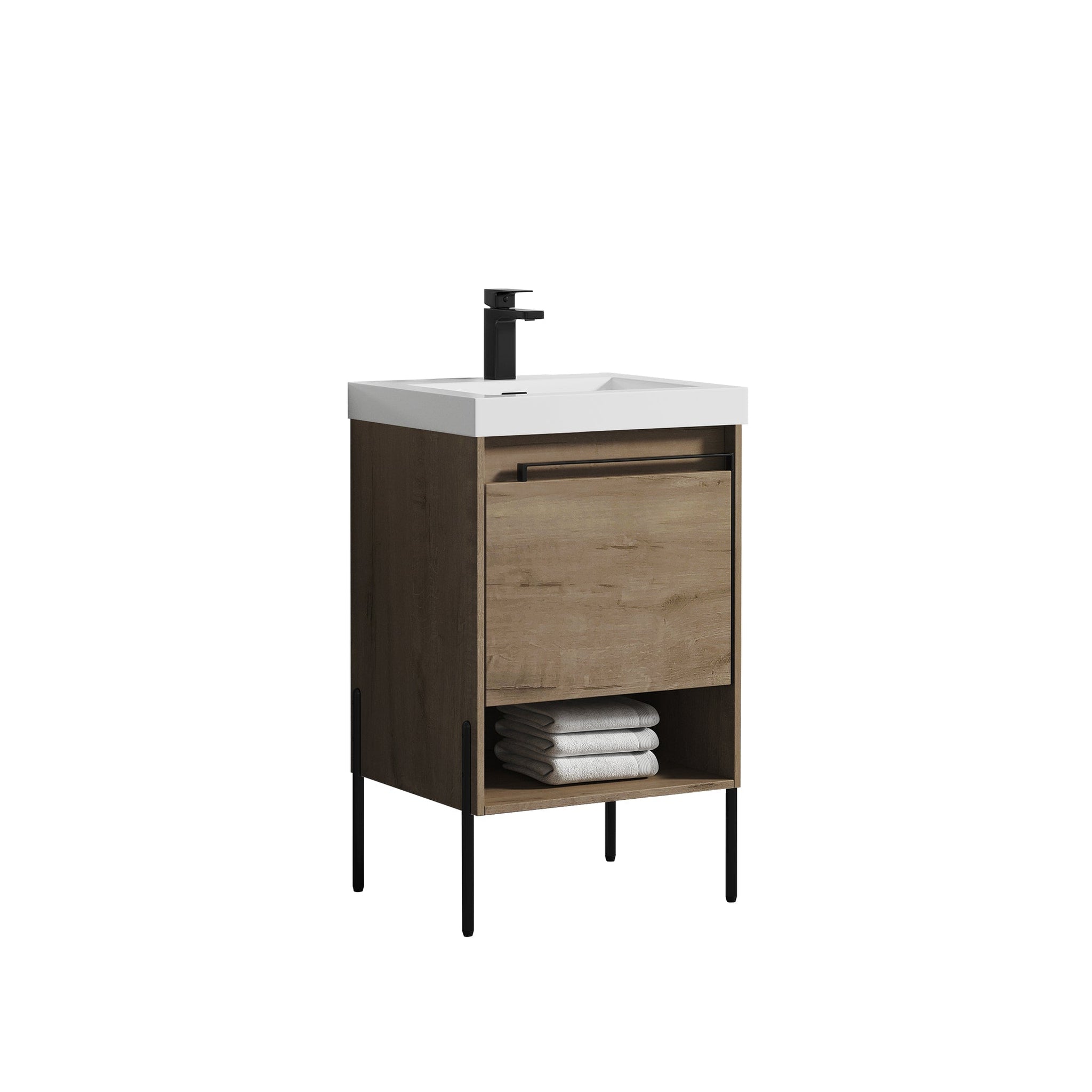 Blossom, Blossom Turin 20" 1-Drawer Classic Oak Freestanding Single Vanity Base With Open Shelf, Handle and Legs