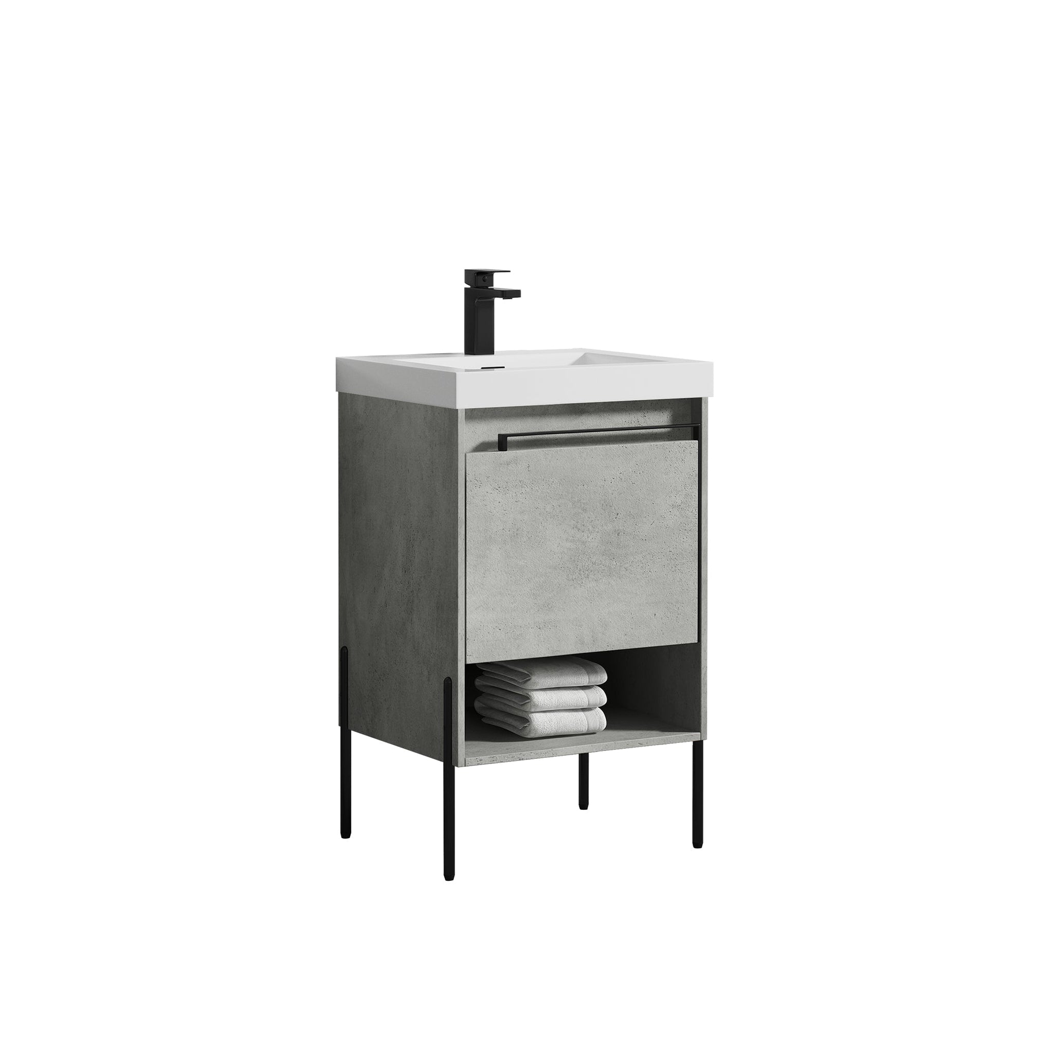 Blossom, Blossom Turin 20" 1-Drawer Plain Cement Freestanding Single Vanity Base With Open Shelf, Handle and Legs