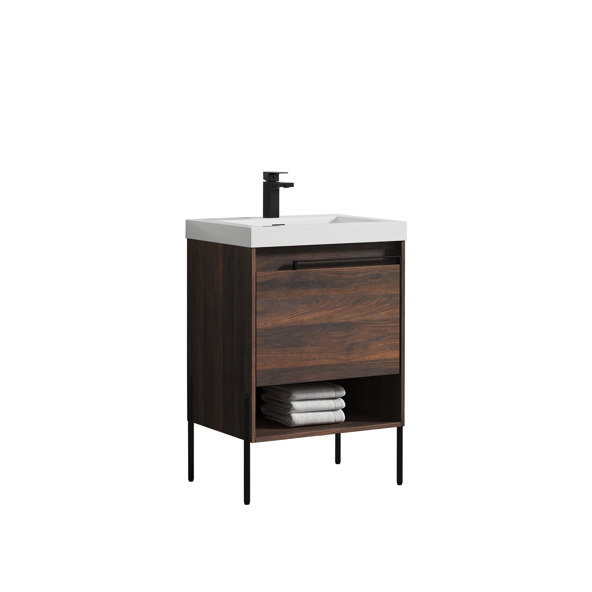 Blossom, Blossom Turin 24" 1-Drawer Cali Walnut Freestanding Single Vanity Base With Open Shelf, Handle and Legs