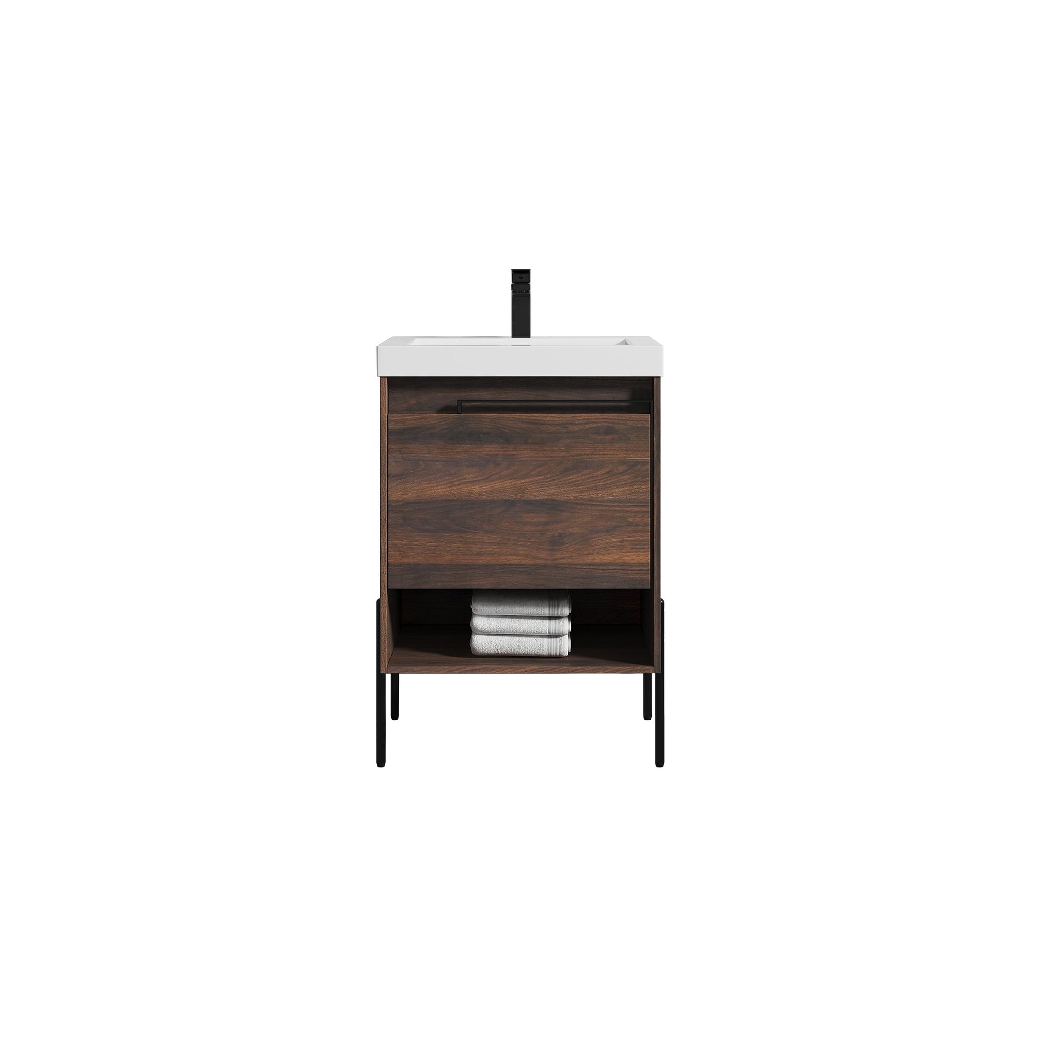 Blossom, Blossom Turin 24" 1-Drawer Cali Walnut Freestanding Single Vanity Base With Open Shelf, Handle and Legs