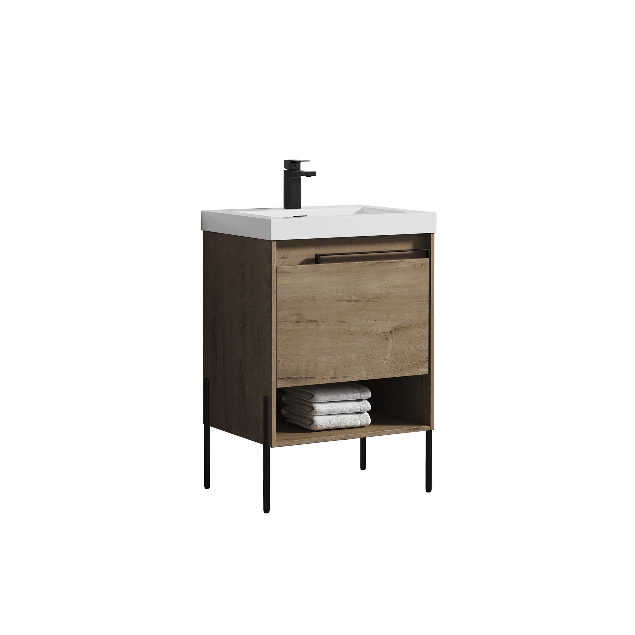 Blossom, Blossom Turin 24" 1-Drawer Classic Oak Freestanding Single Vanity Base With Open Shelf, Handle and Legs