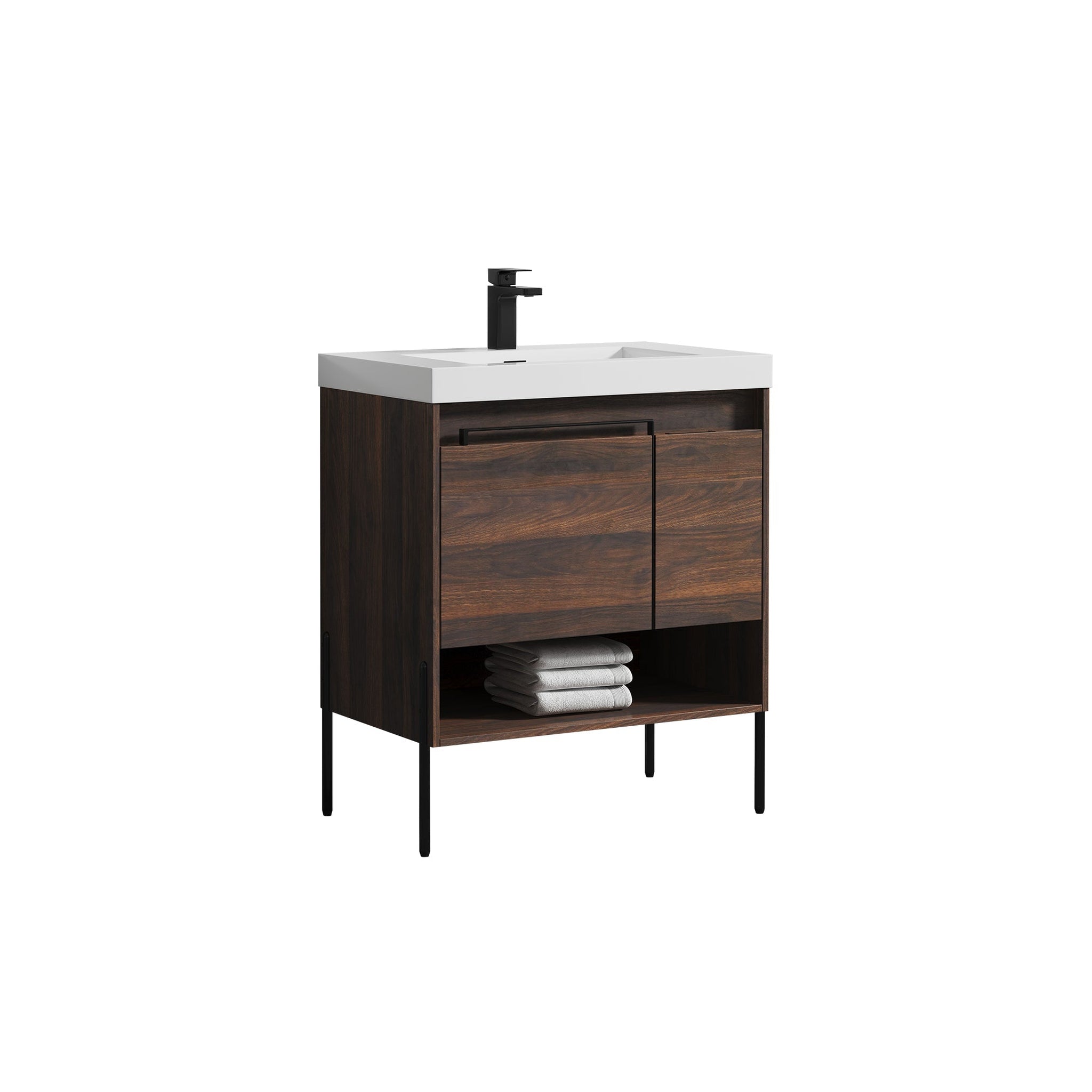 Blossom, Blossom Turin 30" 1-Door 1-Drawer Cali Walnut Freestanding Single Vanity Base With Open Shelf, Handle and Legs