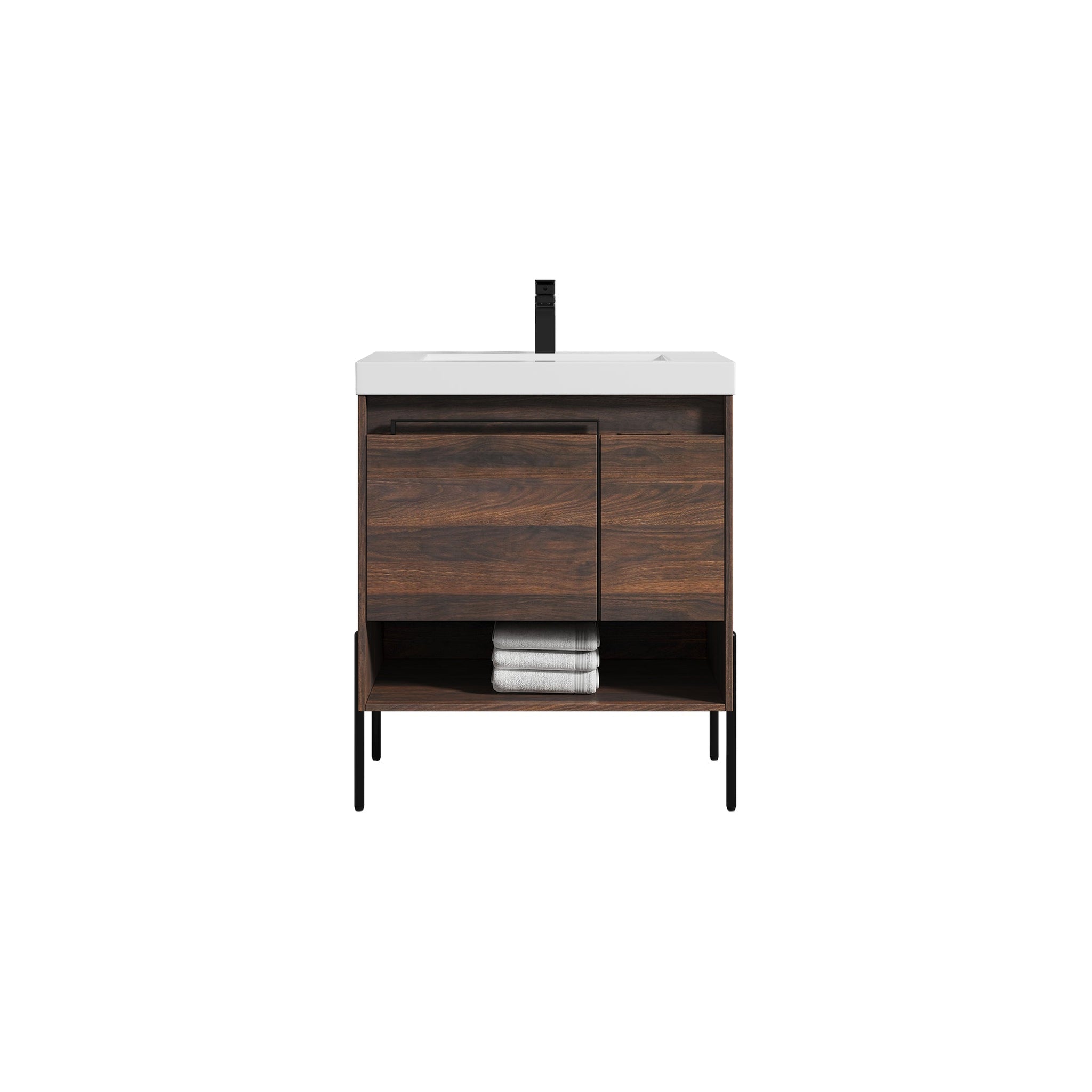 Blossom, Blossom Turin 30" 1-Door 1-Drawer Cali Walnut Freestanding Single Vanity Base With Open Shelf, Handle and Legs