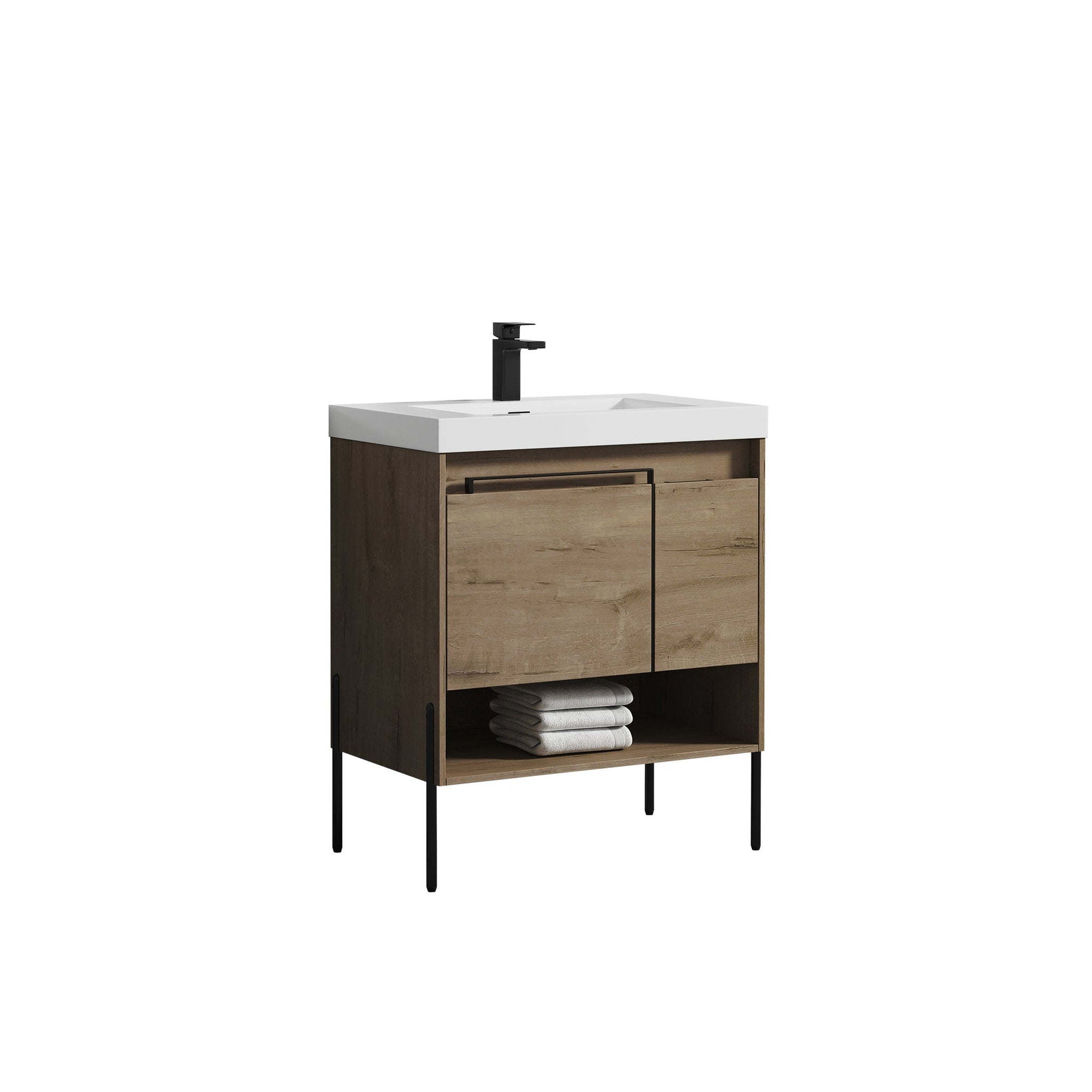 Blossom, Blossom Turin 30" 1-Door 1-Drawer Classic Oak Freestanding Single Vanity Base With Open Shelf, Handle and Legs