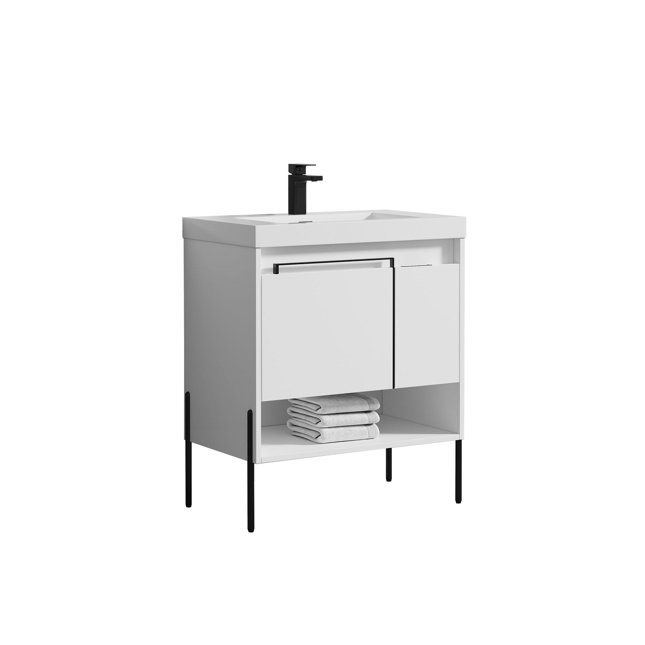 Blossom, Blossom Turin 30" 1-Door 1-Drawer Matte White Freestanding Single Vanity Base With Open Shelf, Handle and Legs