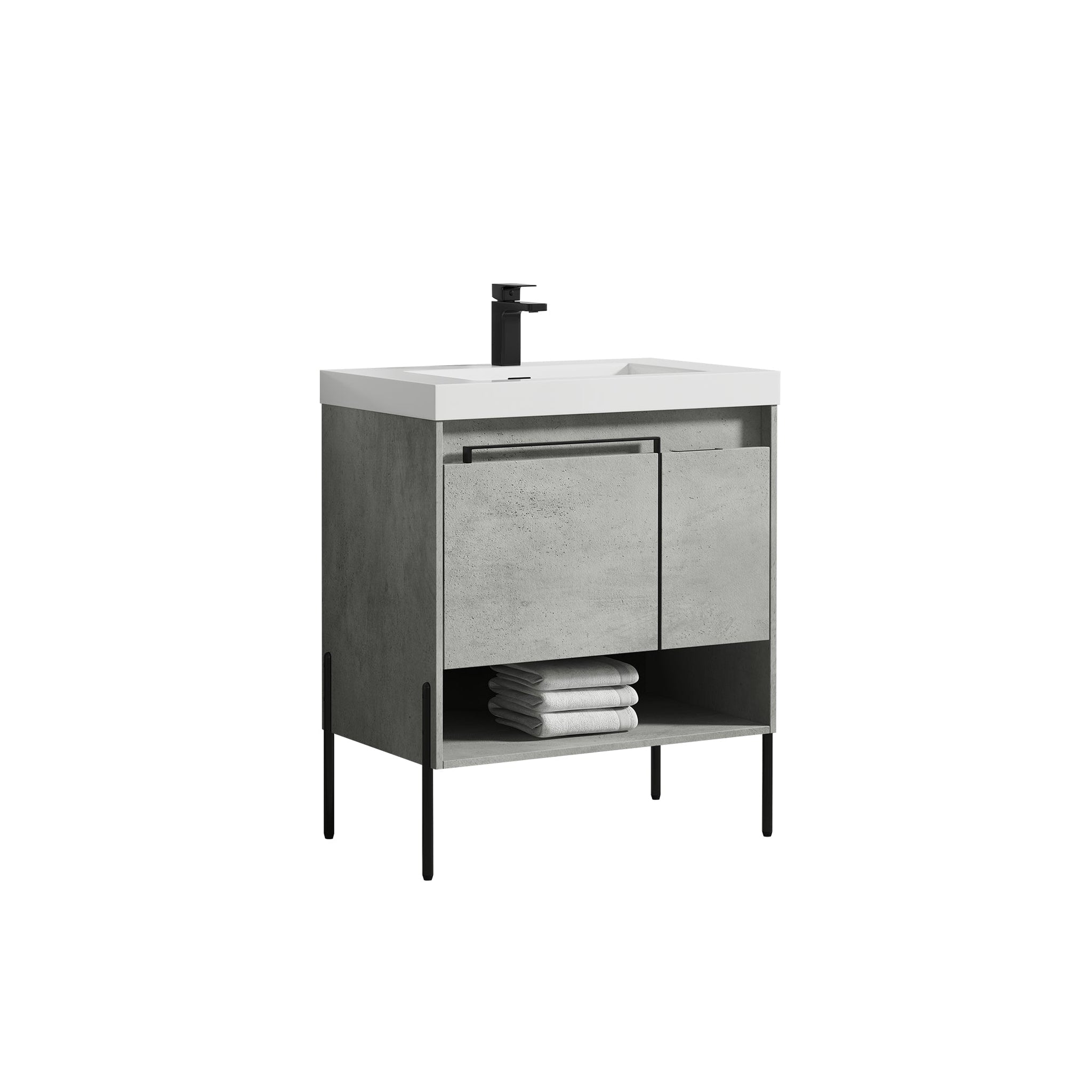 Blossom, Blossom Turin 30" 1-Door 1-Drawer Plain Cement Freestanding Single Vanity Base With Open Shelf, Handle and Legs