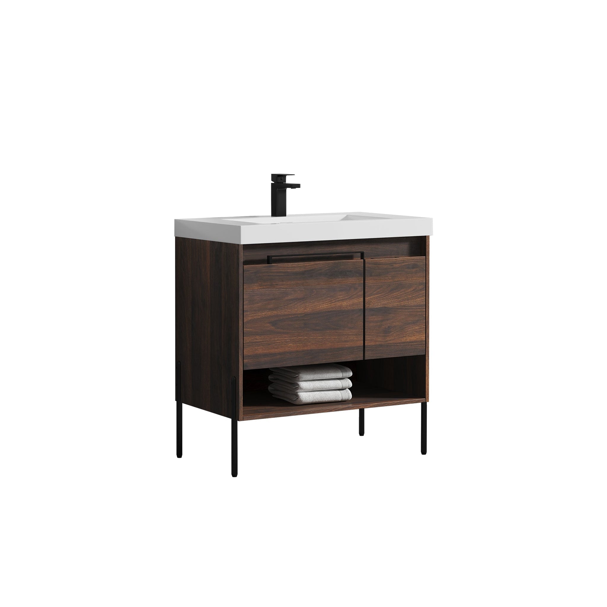 Blossom, Blossom Turin 36" 1-Door 1-Drawer Cali Walnut Freestanding Single Vanity Base With Open Shelf, Handle and Legs