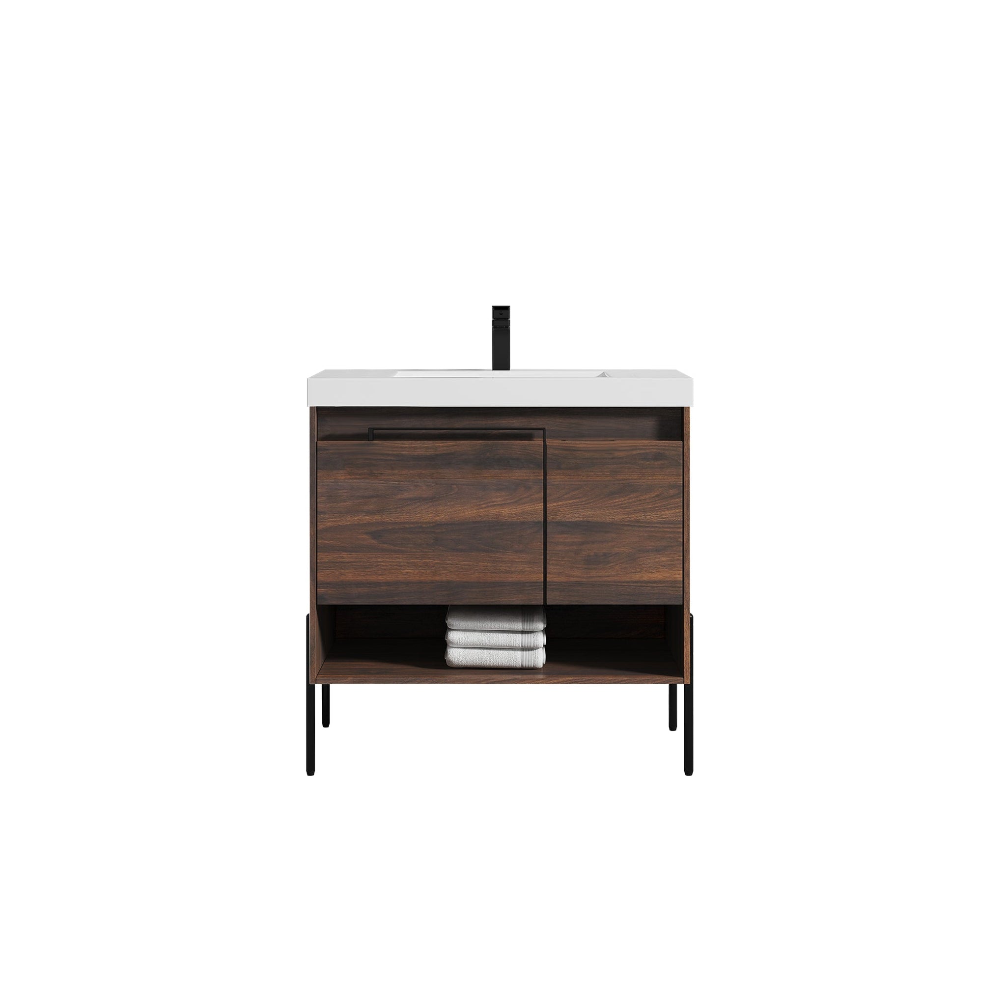 Blossom, Blossom Turin 36" 1-Door 1-Drawer Cali Walnut Freestanding Single Vanity Base With Open Shelf, Handle and Legs