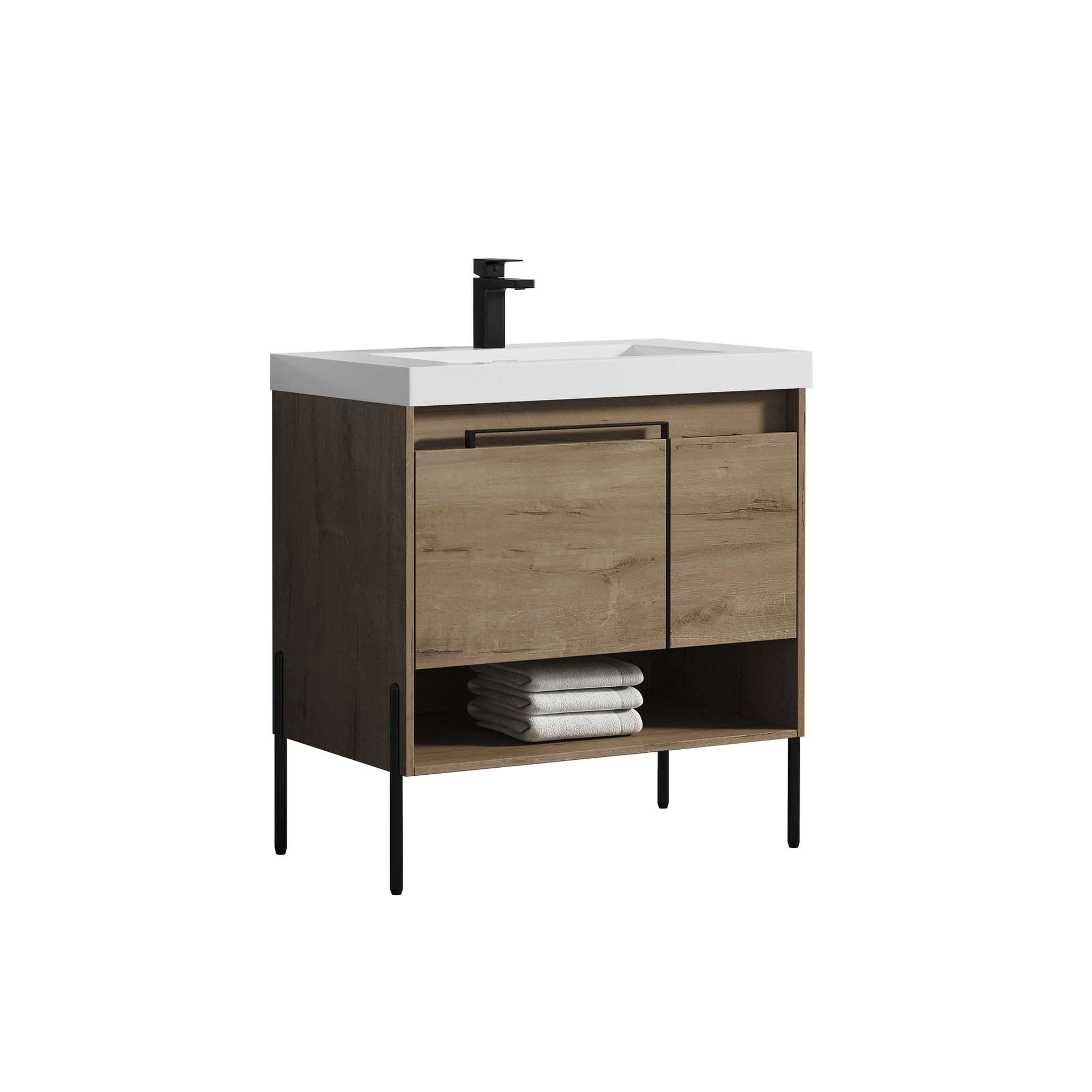 Blossom, Blossom Turin 36" 1-Door 1-Drawer Classic Oak Freestanding Single Vanity Base With Open Shelf, Handle and Legs