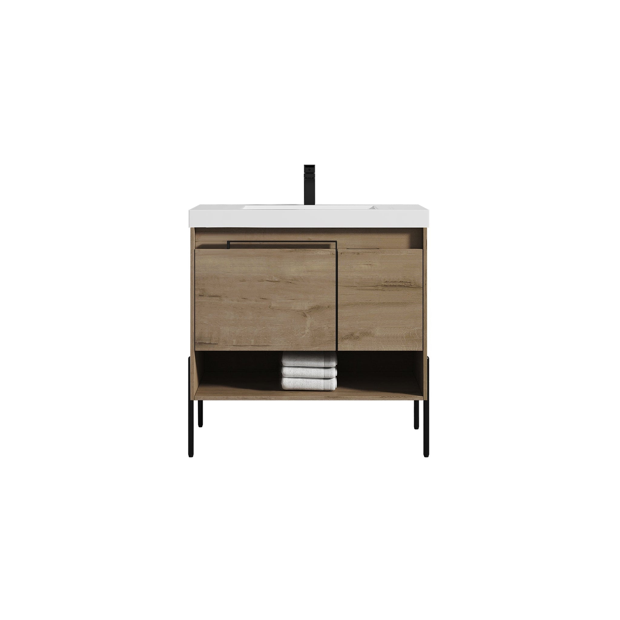 Blossom, Blossom Turin 36" 1-Door 1-Drawer Classic Oak Freestanding Single Vanity Base With Open Shelf, Handle and Legs